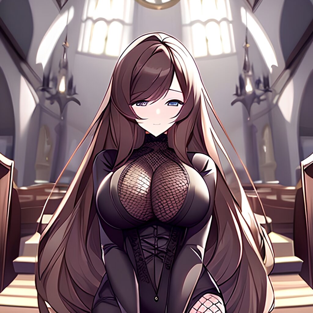 church messy hair long hair woman brunette fishnet 