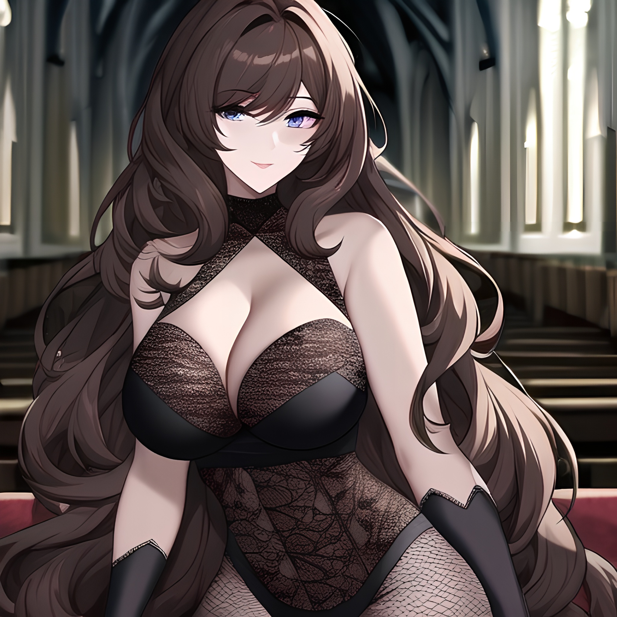 church messy hair woman brunette fishnet long hair 