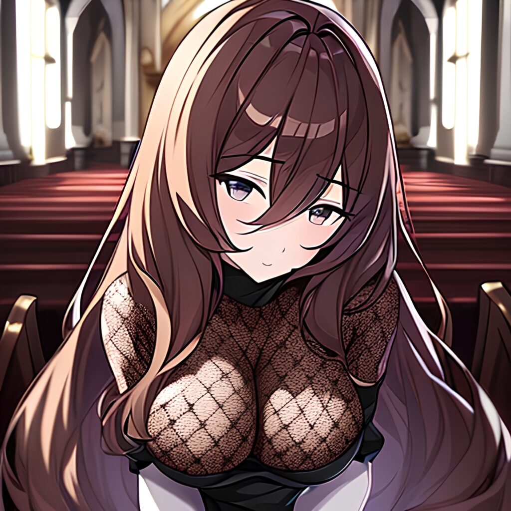 church messy hair woman brunette long hair fishnet 