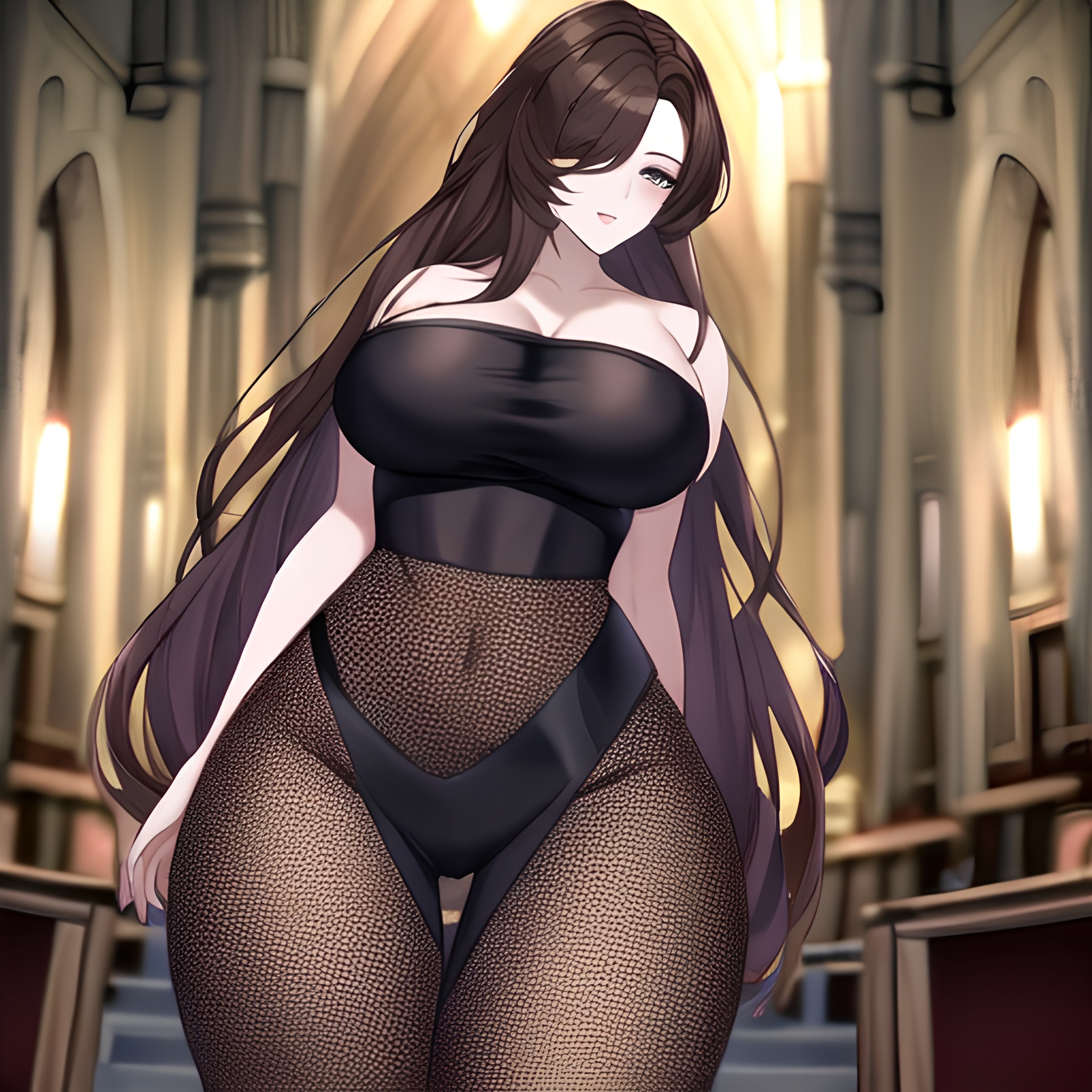 church messy hair woman brunette long hair fishnet 