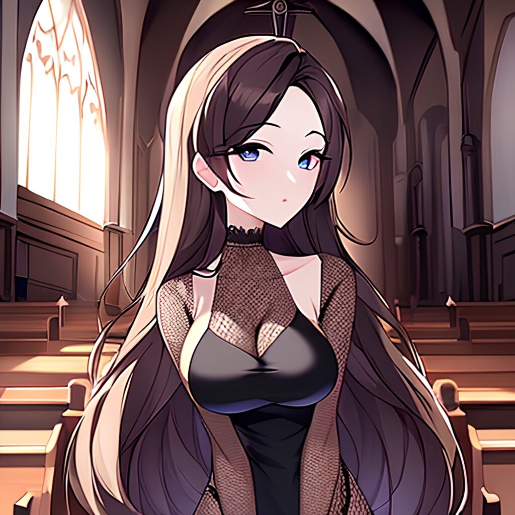 church messy hair woman brunette long hair fishnet 