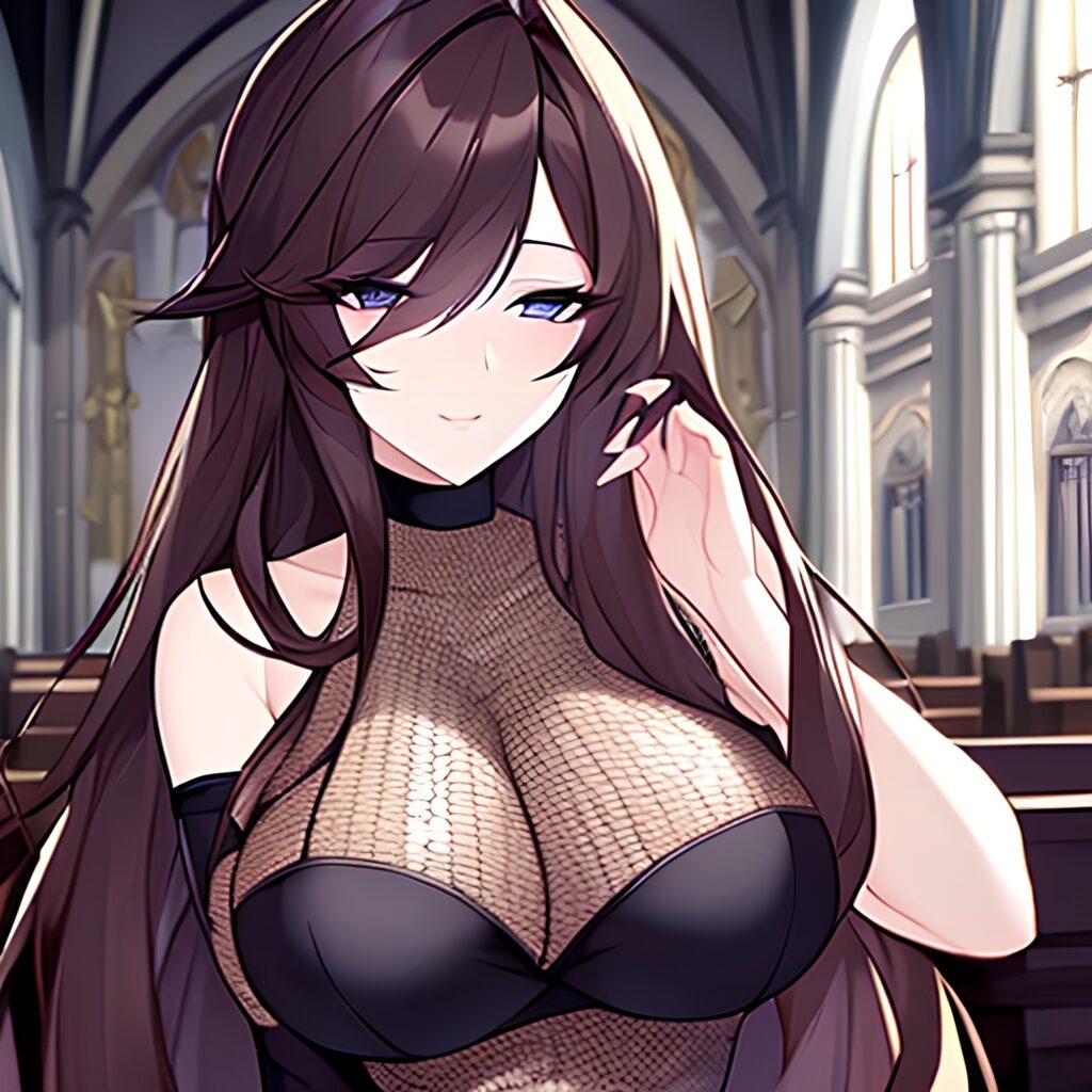 church messy hair woman brunette long hair fishnet