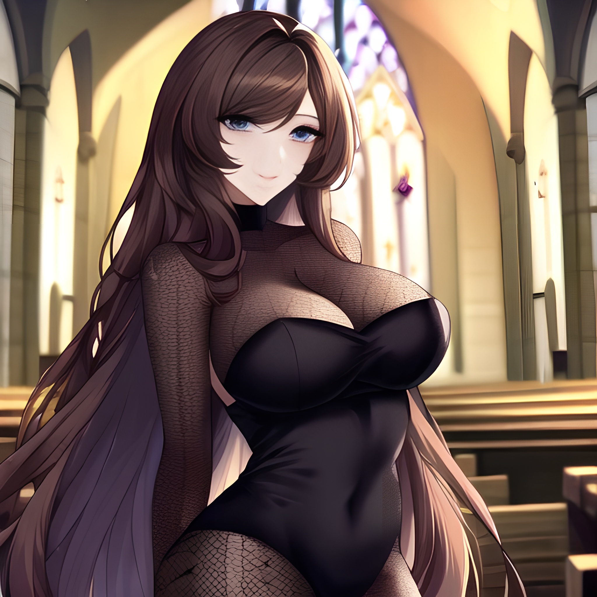 church messy hair woman fishnet brunette long hair 