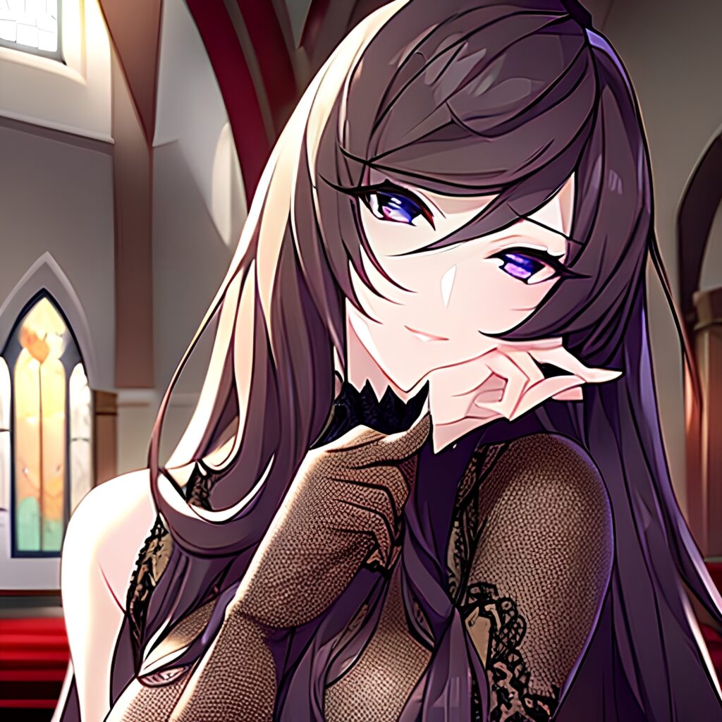 church messy hair woman long hair brunette fishnet 