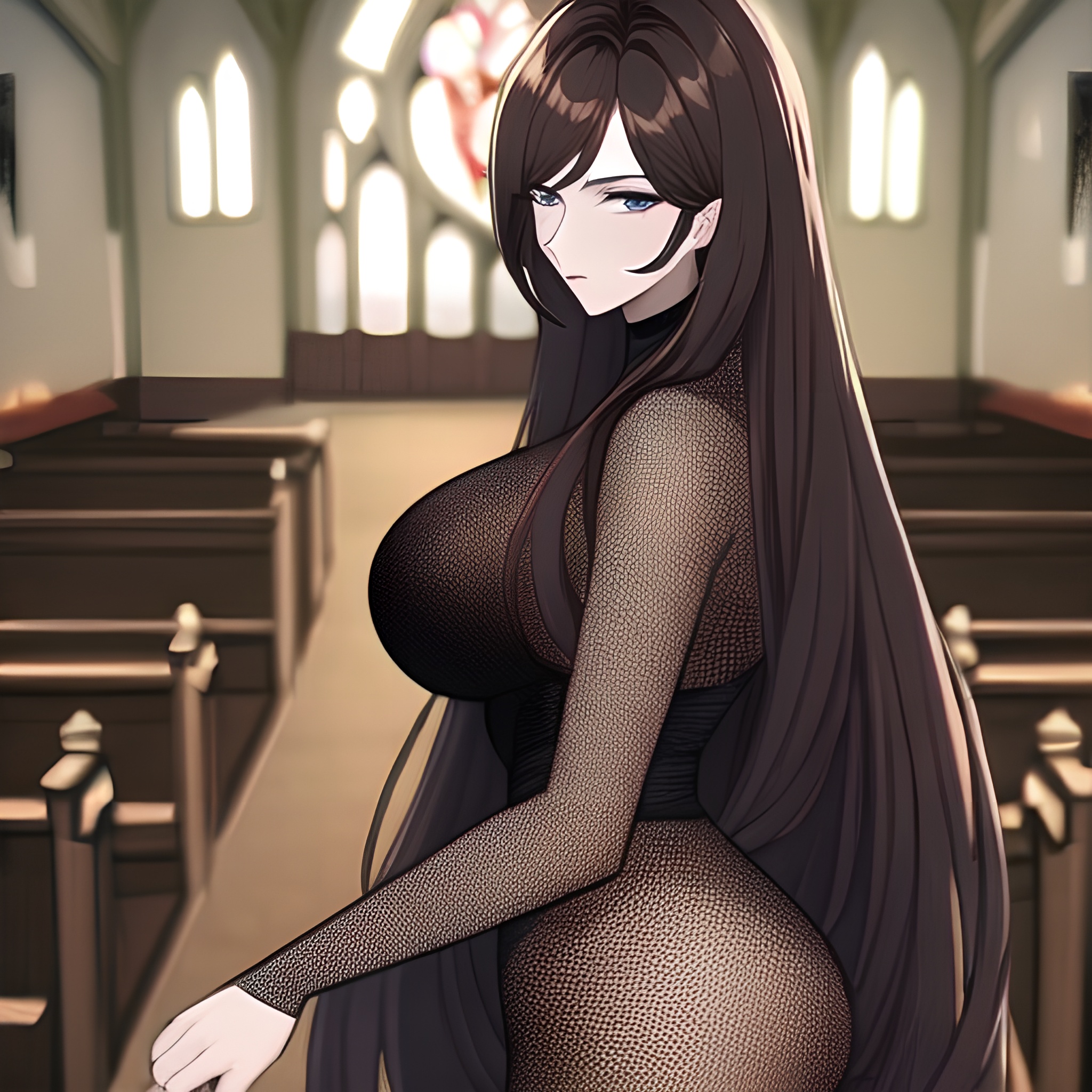 church messy hair woman long hair brunette fishnet 