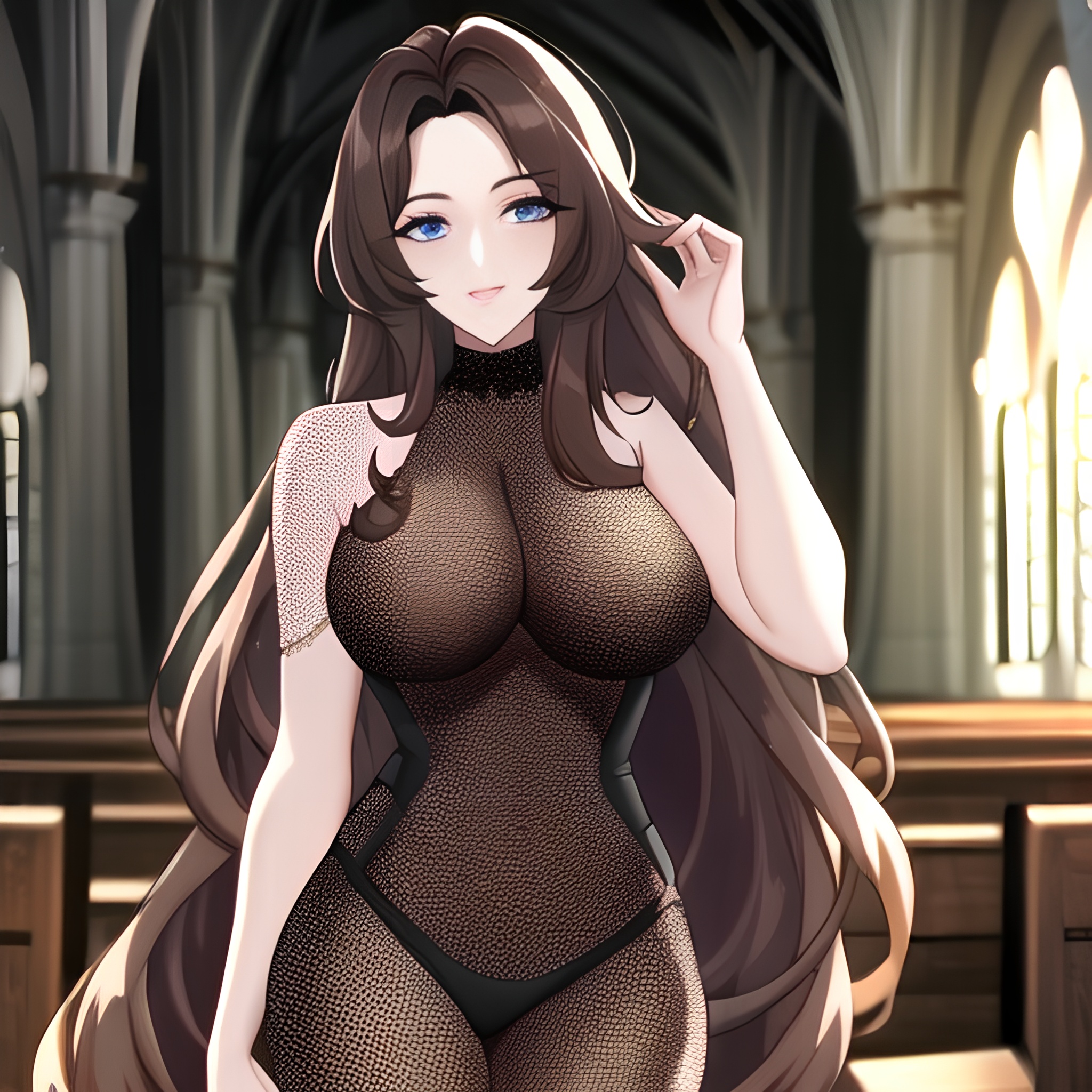 church messy hair woman long hair fishnet brunette 