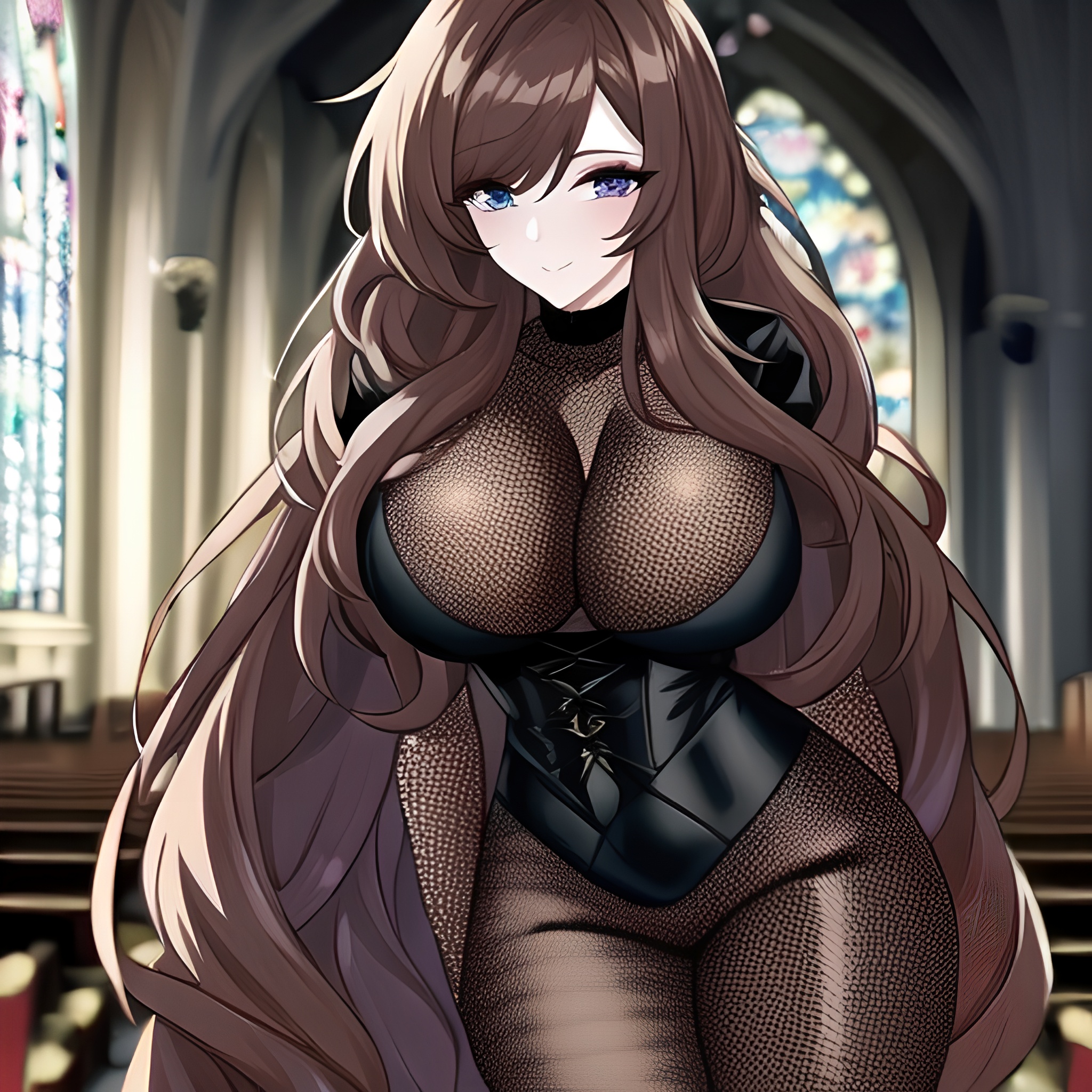 church messy hair woman long hair fishnet brunette 