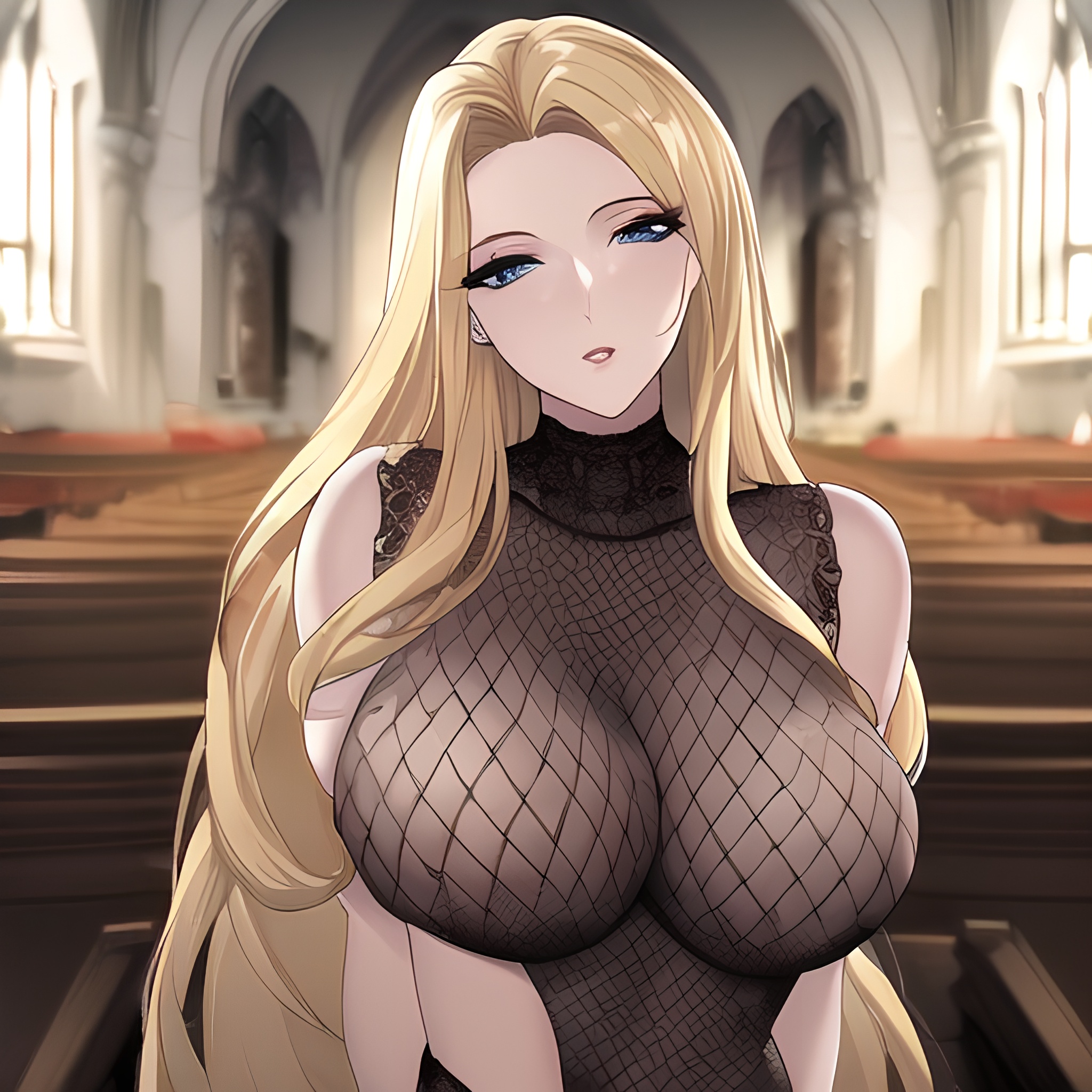 church nude blonde fishnet front view woman long hair small boobs 