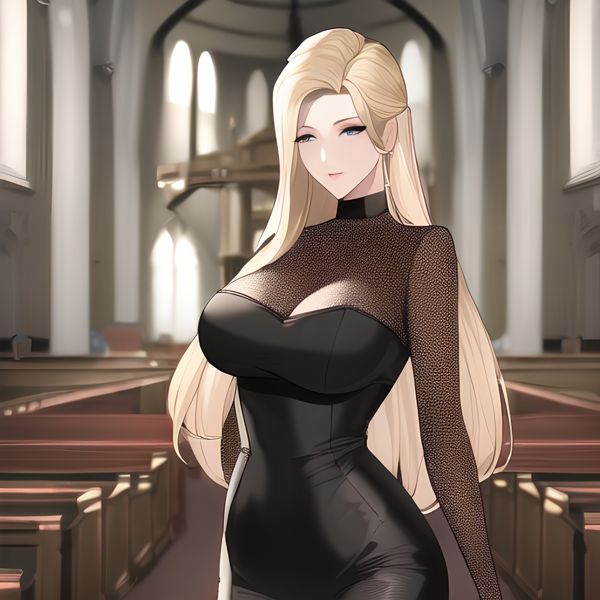 church nude blonde front view fishnet small boobs woman long hair 