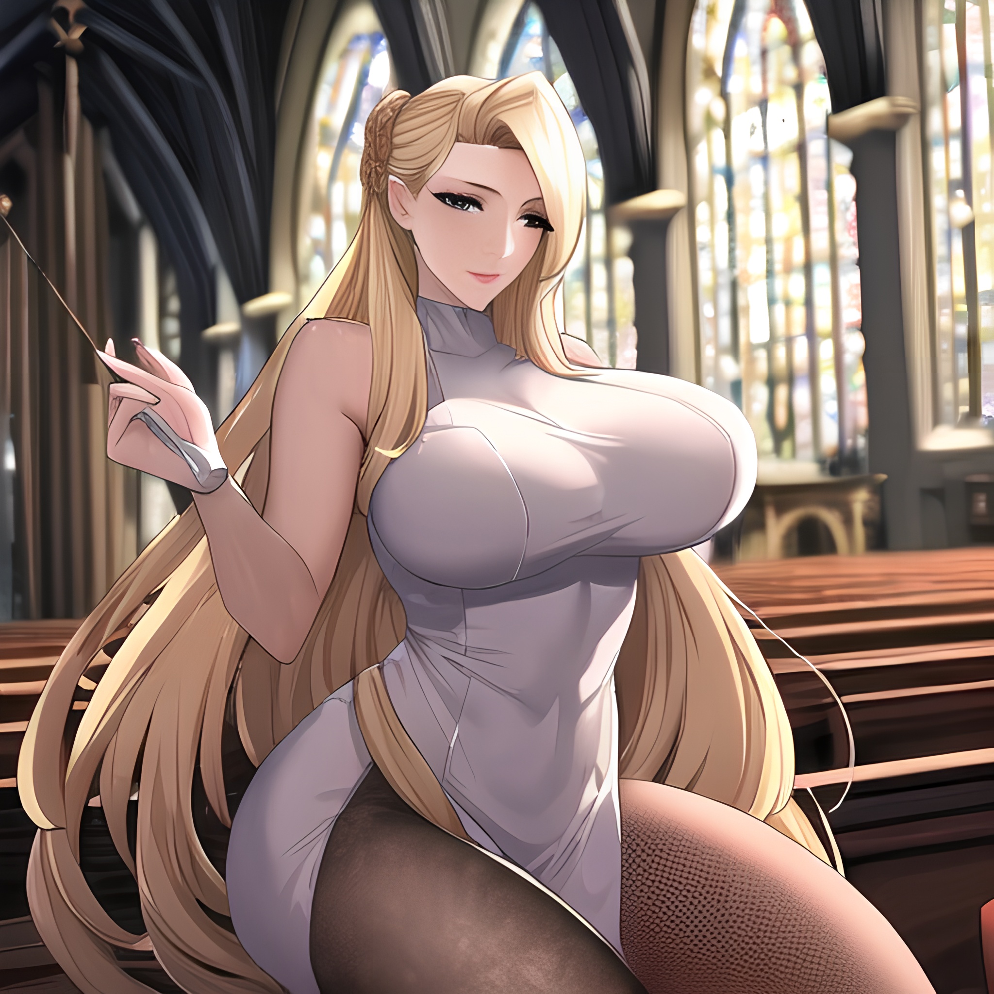 church nude blonde front view fishnet woman small boobs long hair 