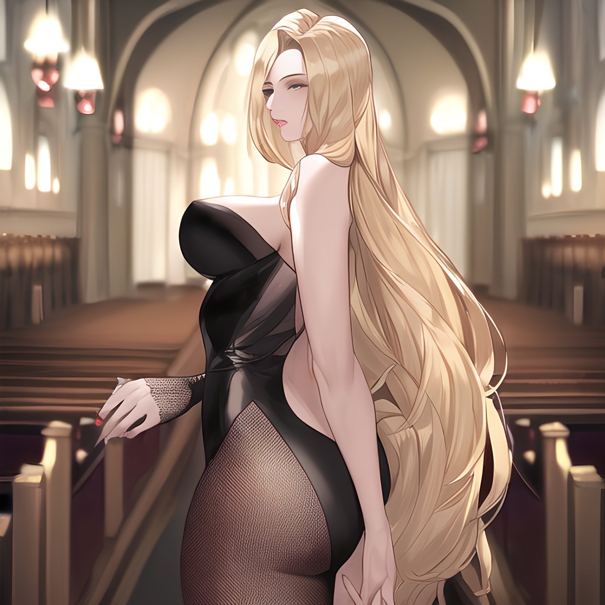 church nude blonde front view small boobs fishnet woman long hair