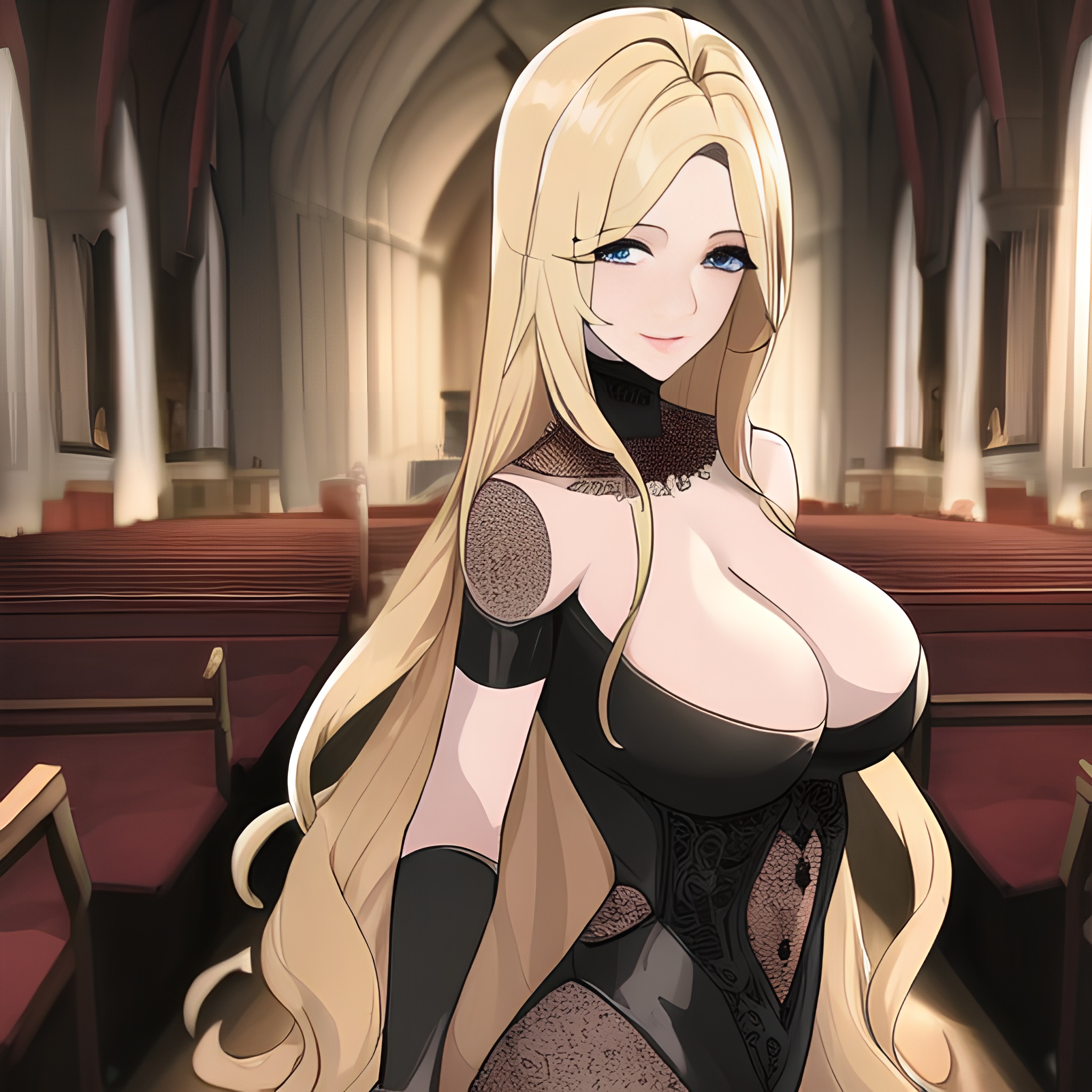church nude blonde long hair fishnet woman front view small boobs 
