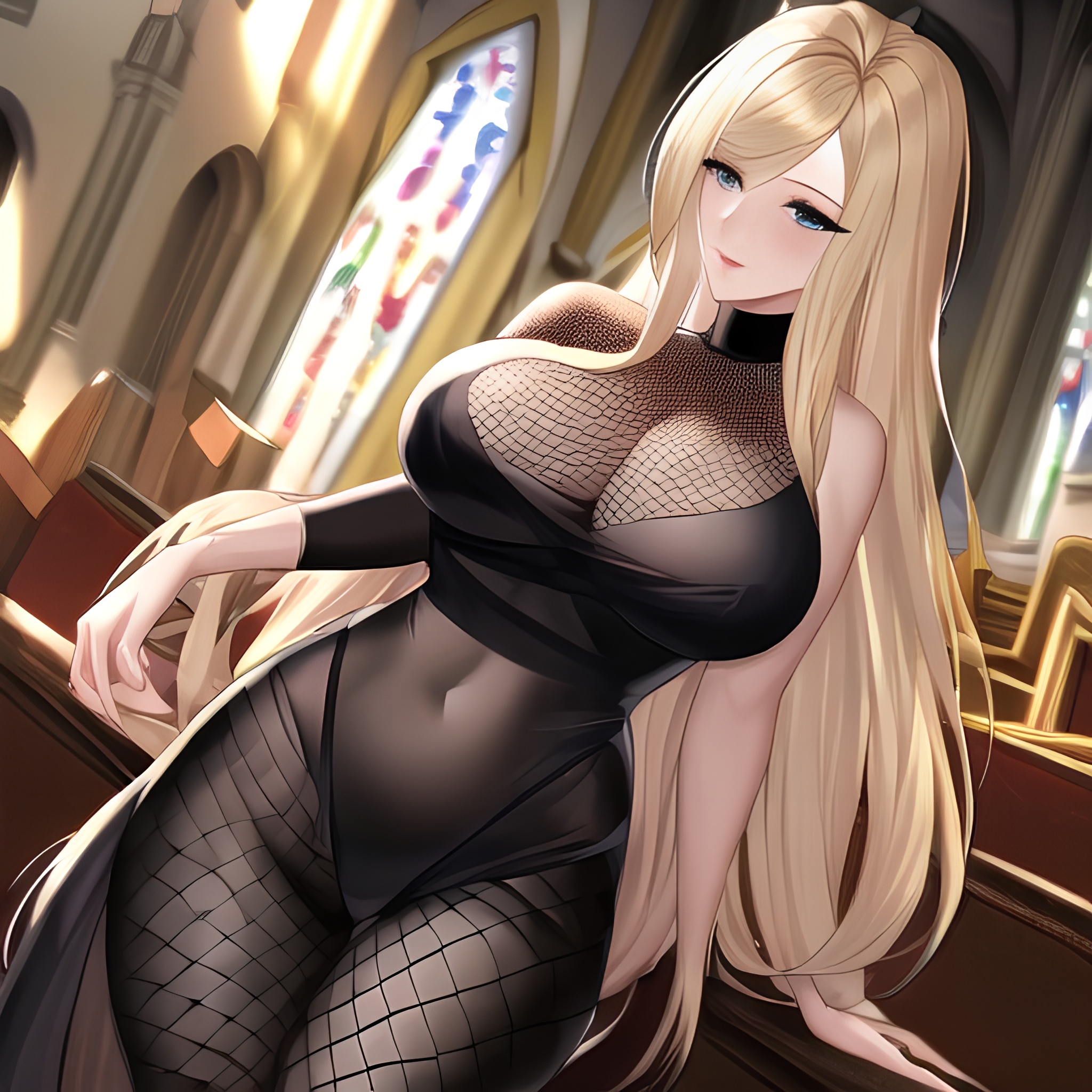 church nude blonde long hair small boobs front view fishnet woman 