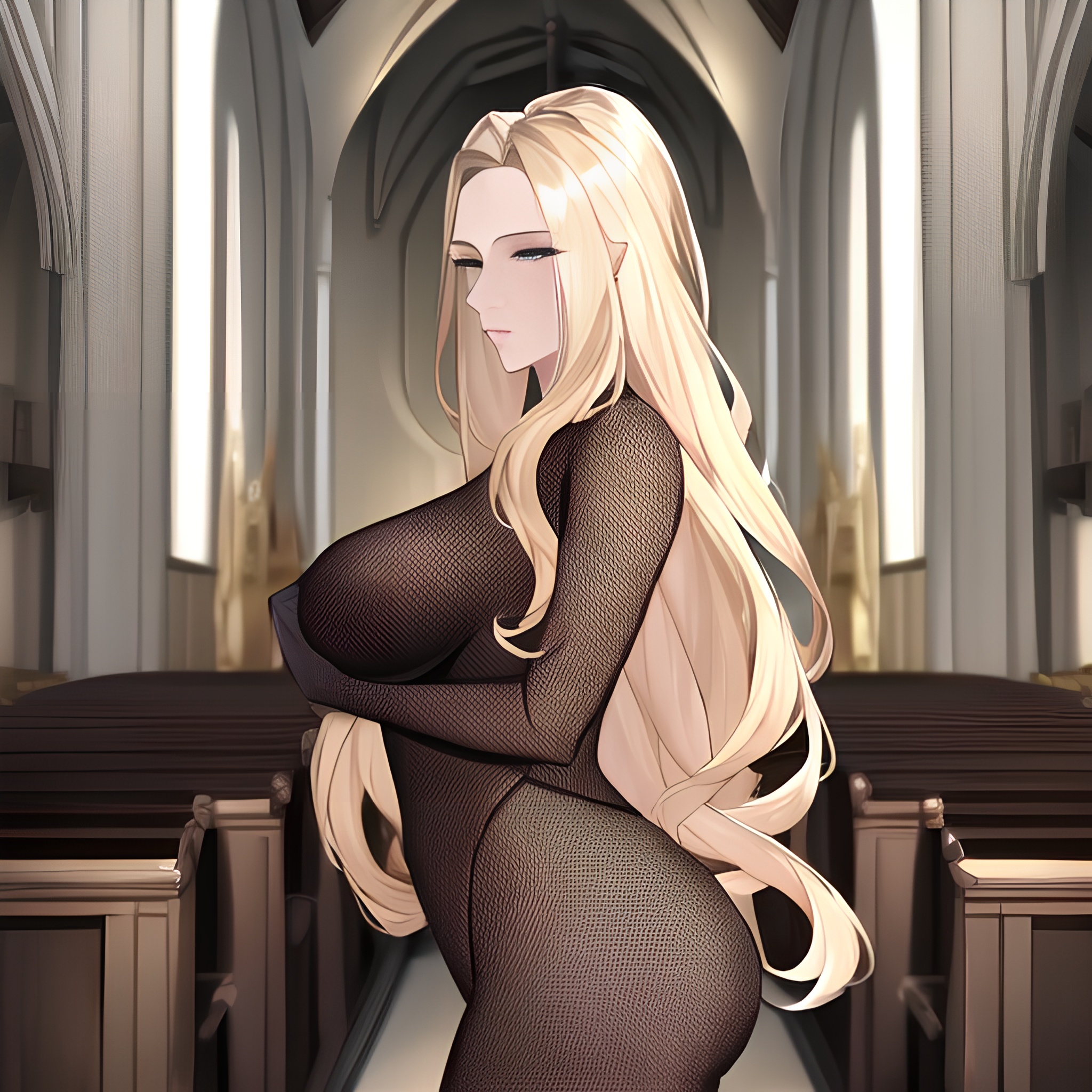 church nude blonde small boobs front view woman long hair fishnet 