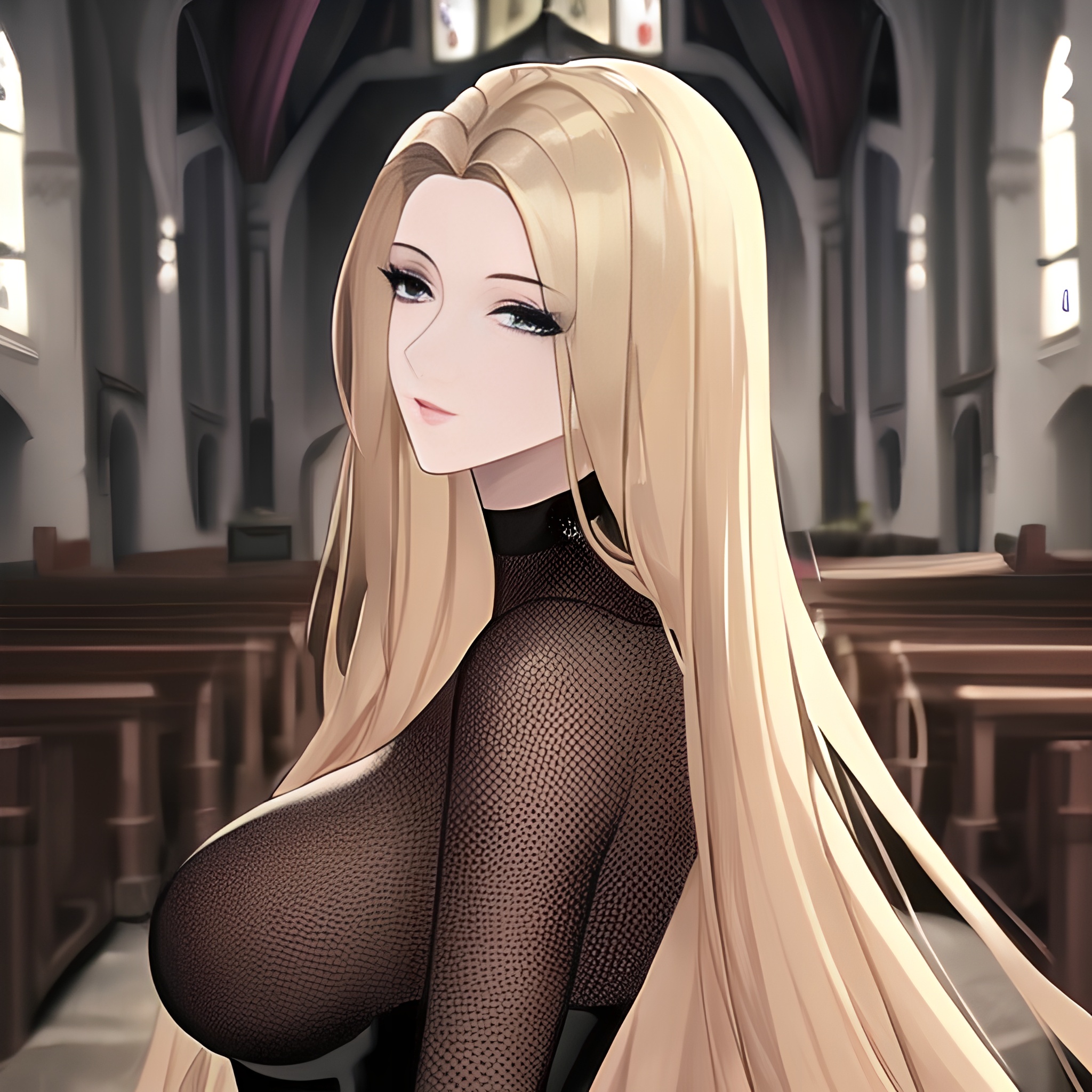 church nude blonde woman fishnet small boobs long hair front view 