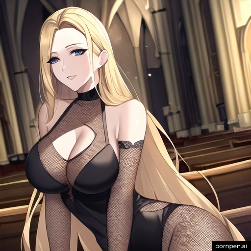 church nude fishnet blonde long hair woman small boobs front view 