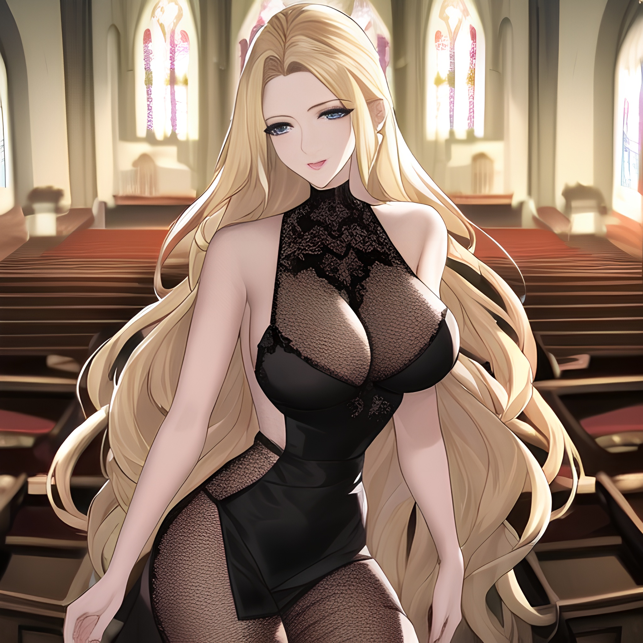 church nude fishnet blonde small boobs woman long hair front view 