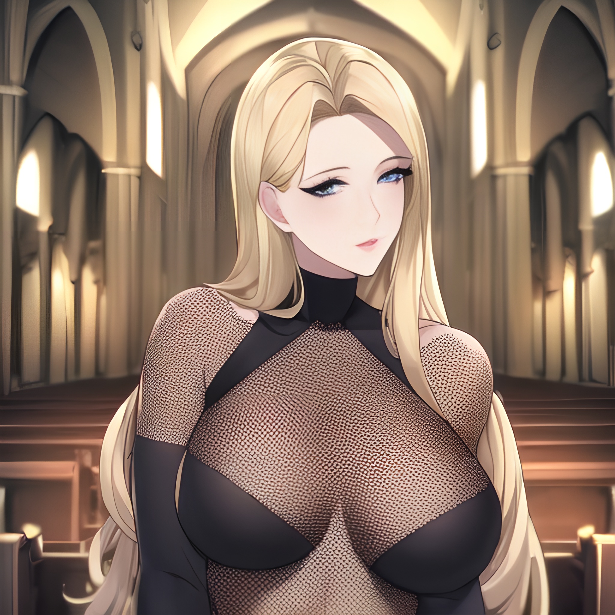 church nude fishnet small boobs long hair blonde woman front view 