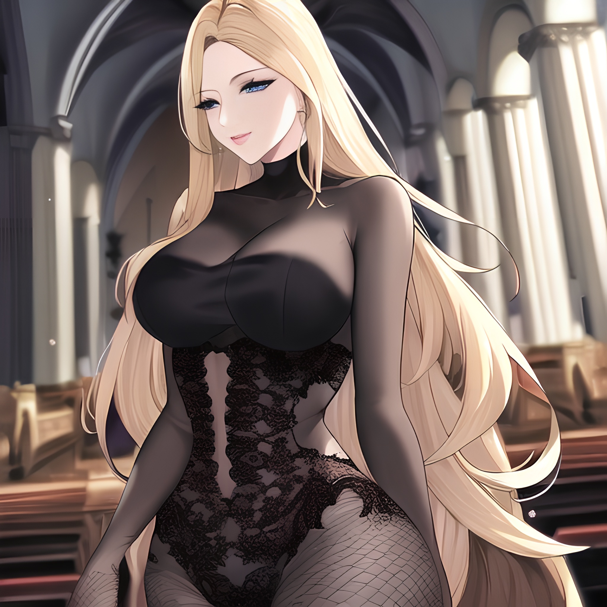 church nude front view long hair woman small boobs fishnet blonde 