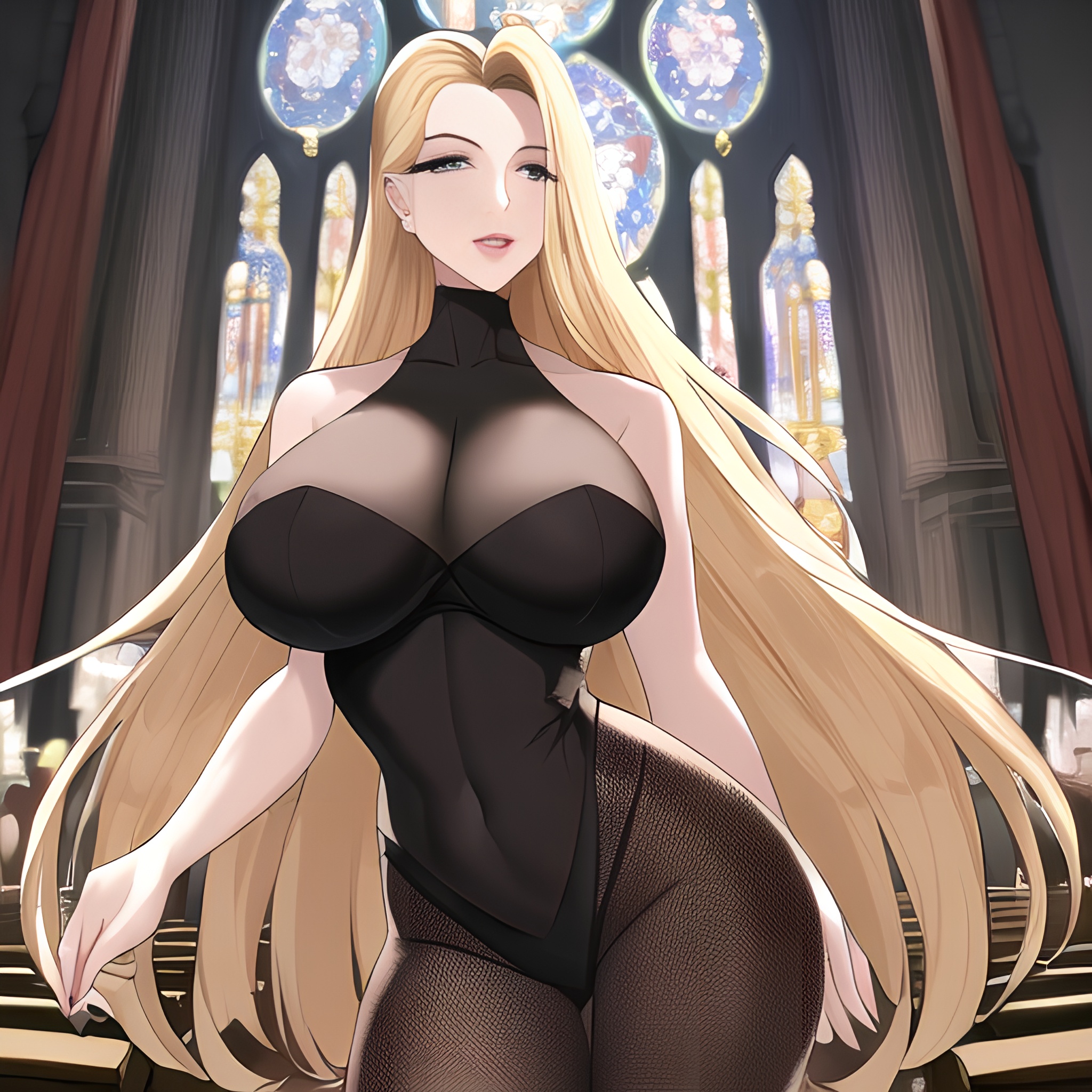 church nude front view small boobs blonde fishnet woman long hair 