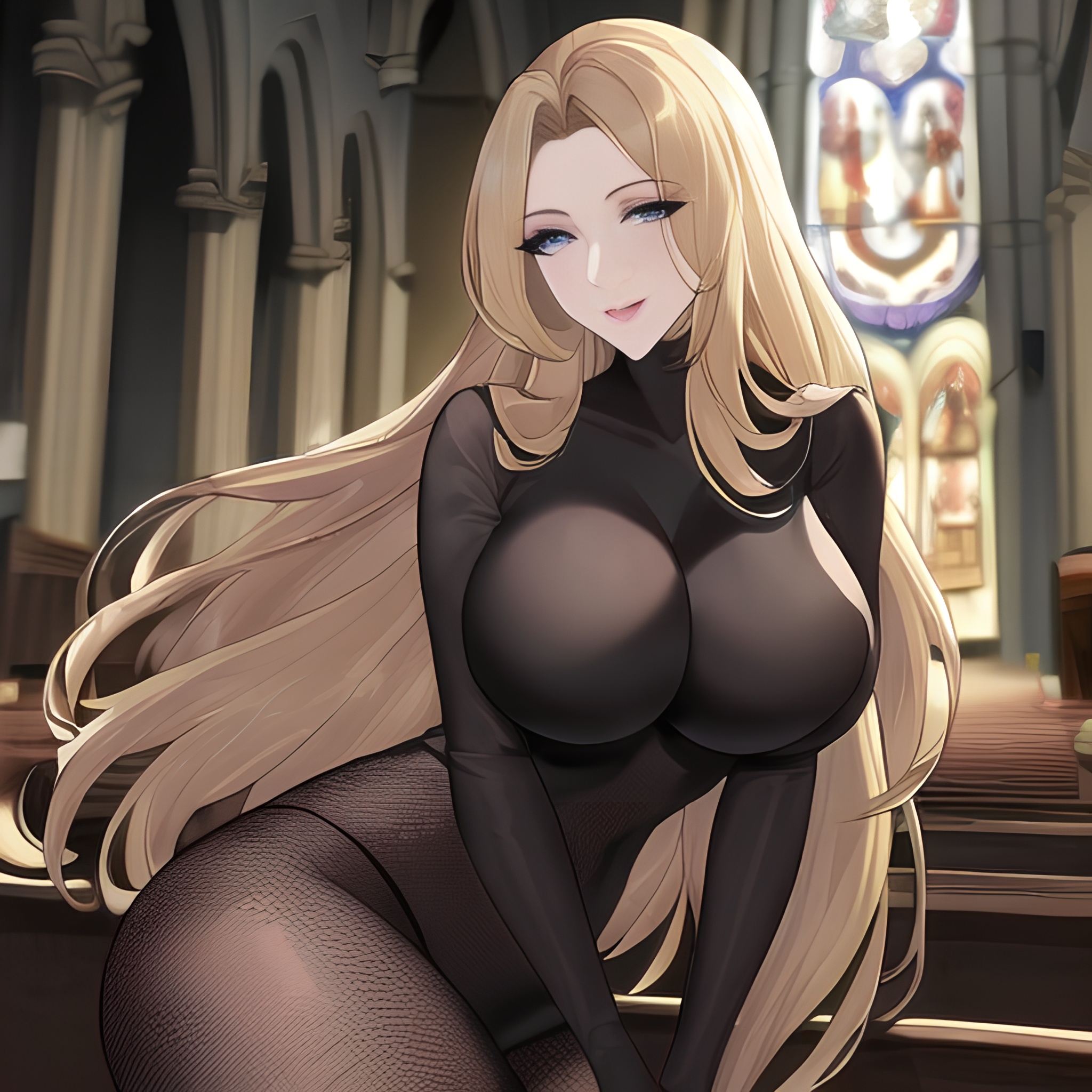 church nude long hair blonde fishnet woman small boobs front view 