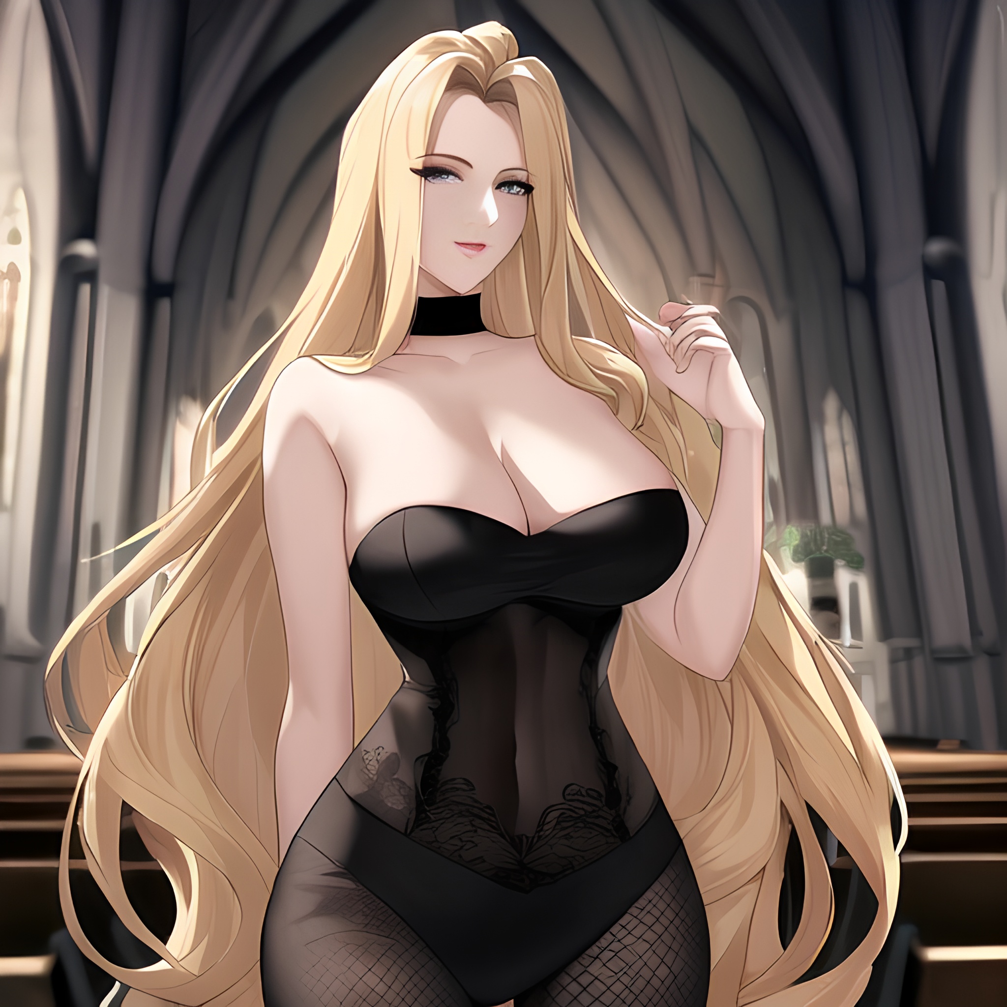 church nude long hair blonde woman small boobs front view fishnet 