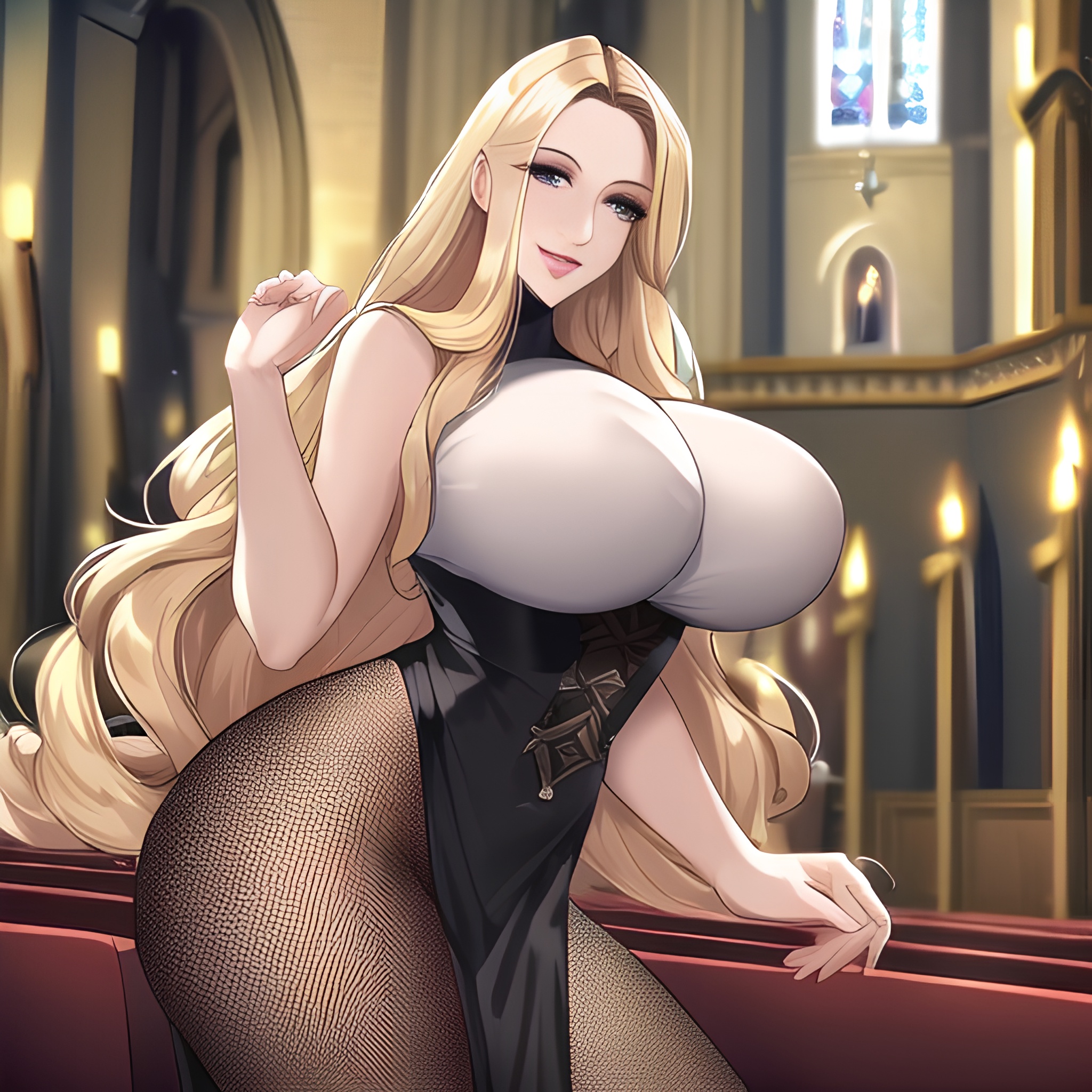 church nude long hair fishnet blonde small boobs woman front view 