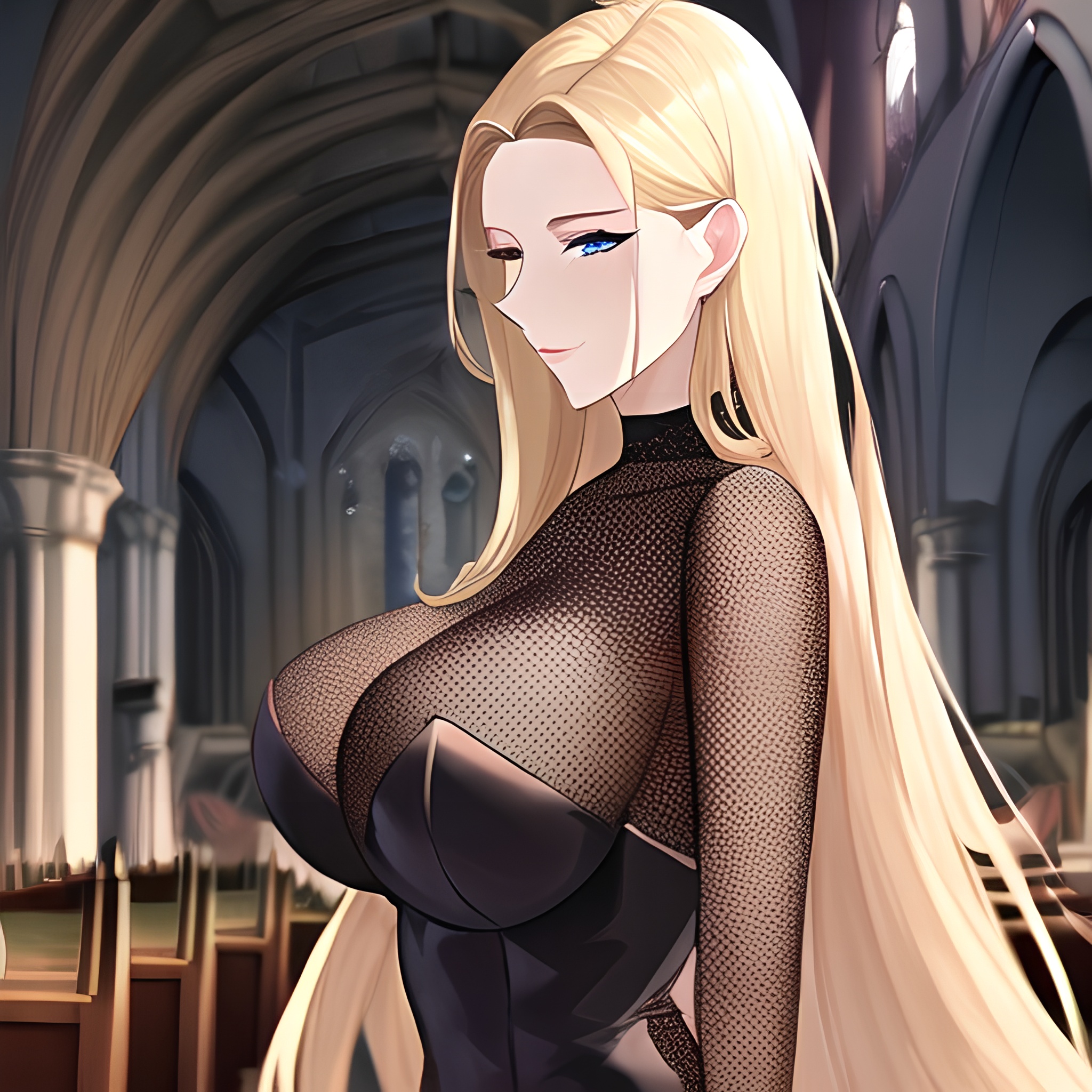 church nude small boobs blonde long hair woman fishnet front view 