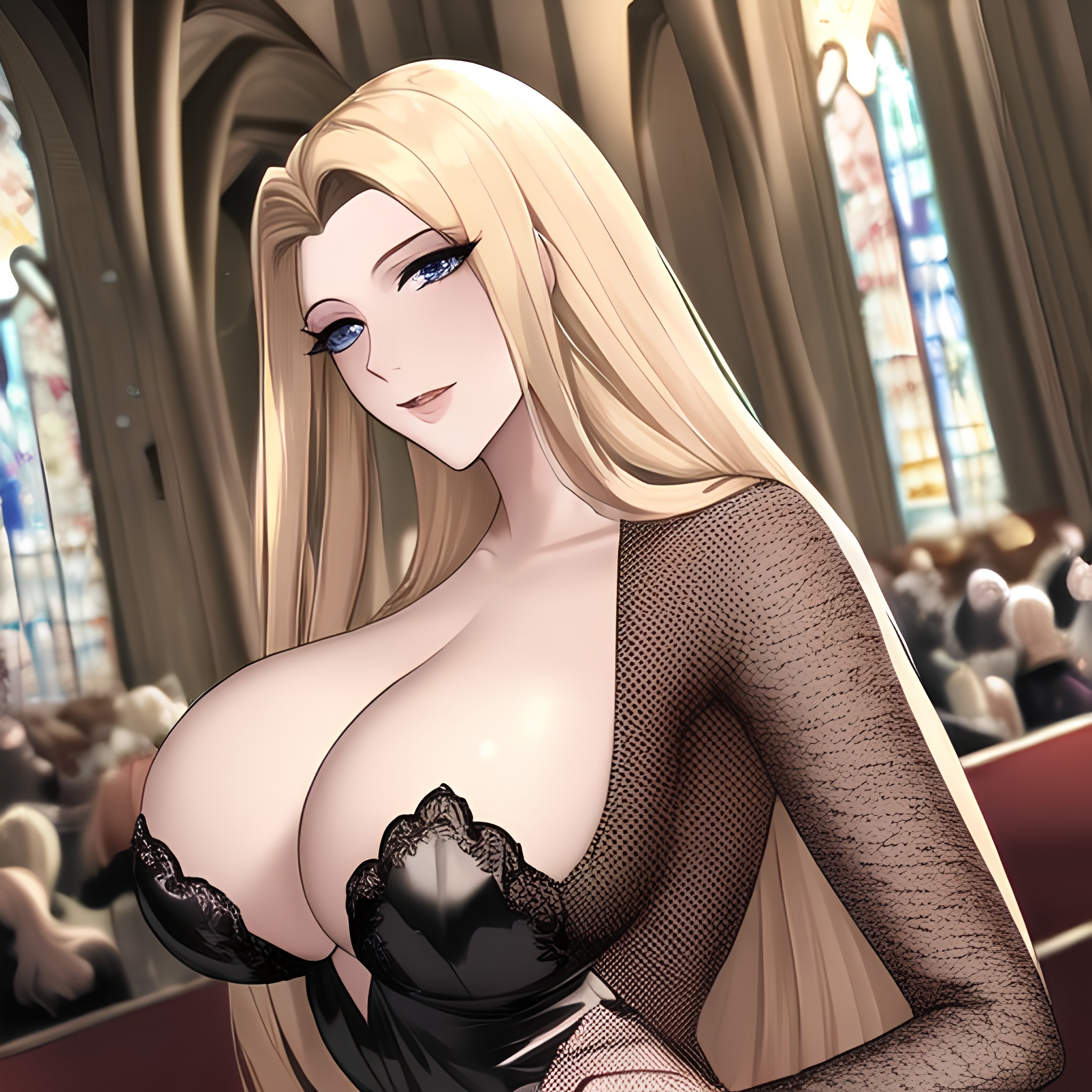 church nude small boobs front view blonde long hair fishnet woman 