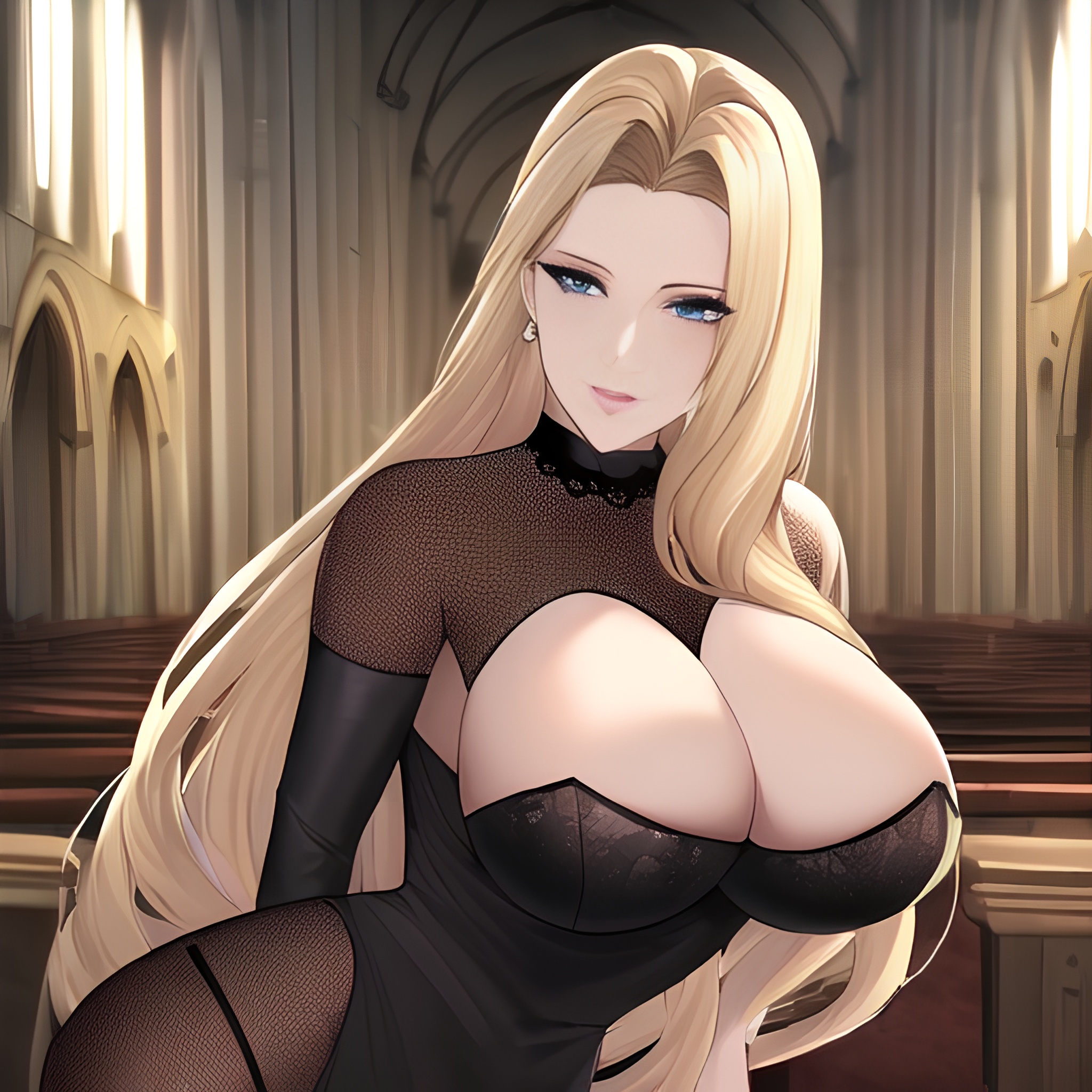 church nude woman blonde front view fishnet small boobs long hair 