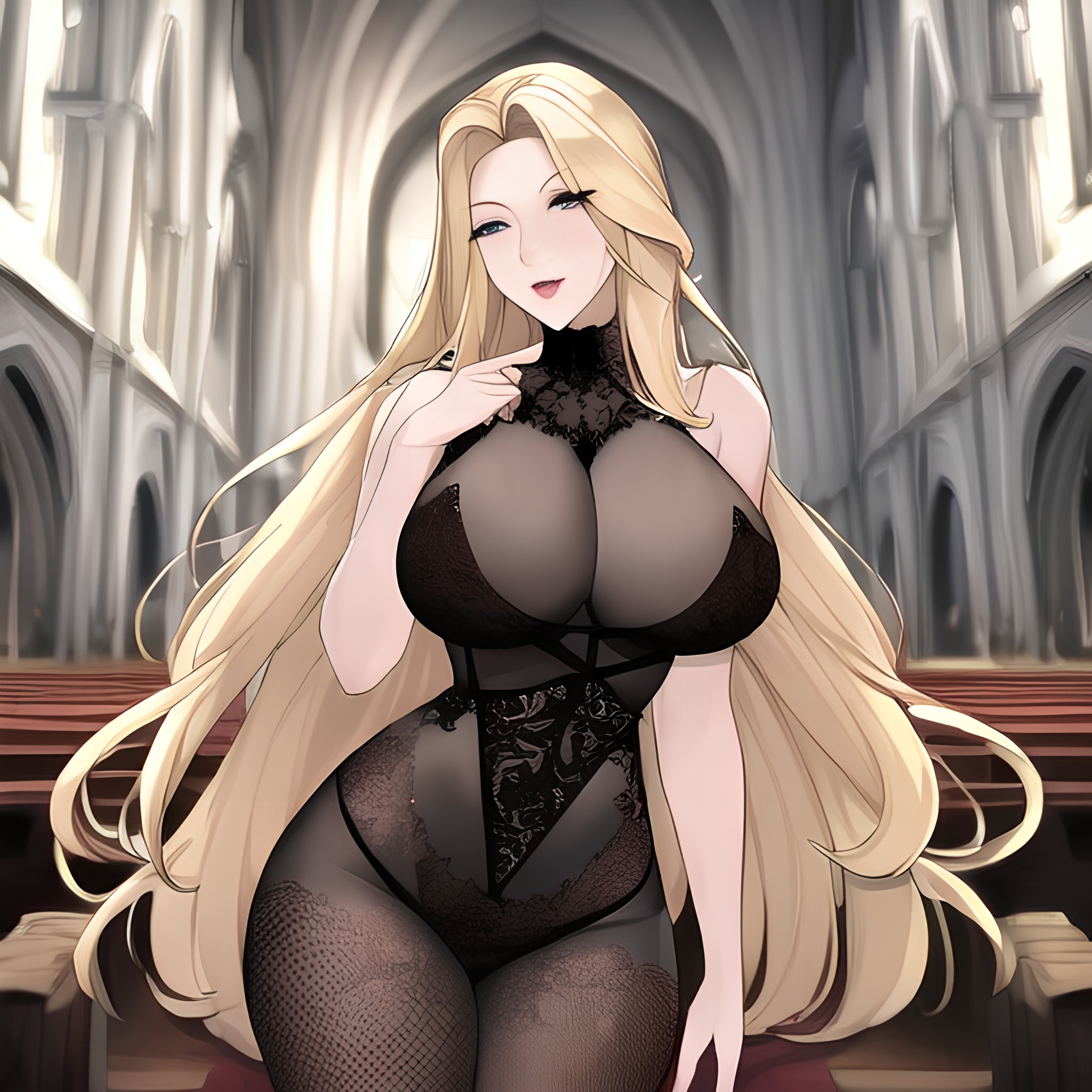 church nude woman front view fishnet small boobs long hair blonde 