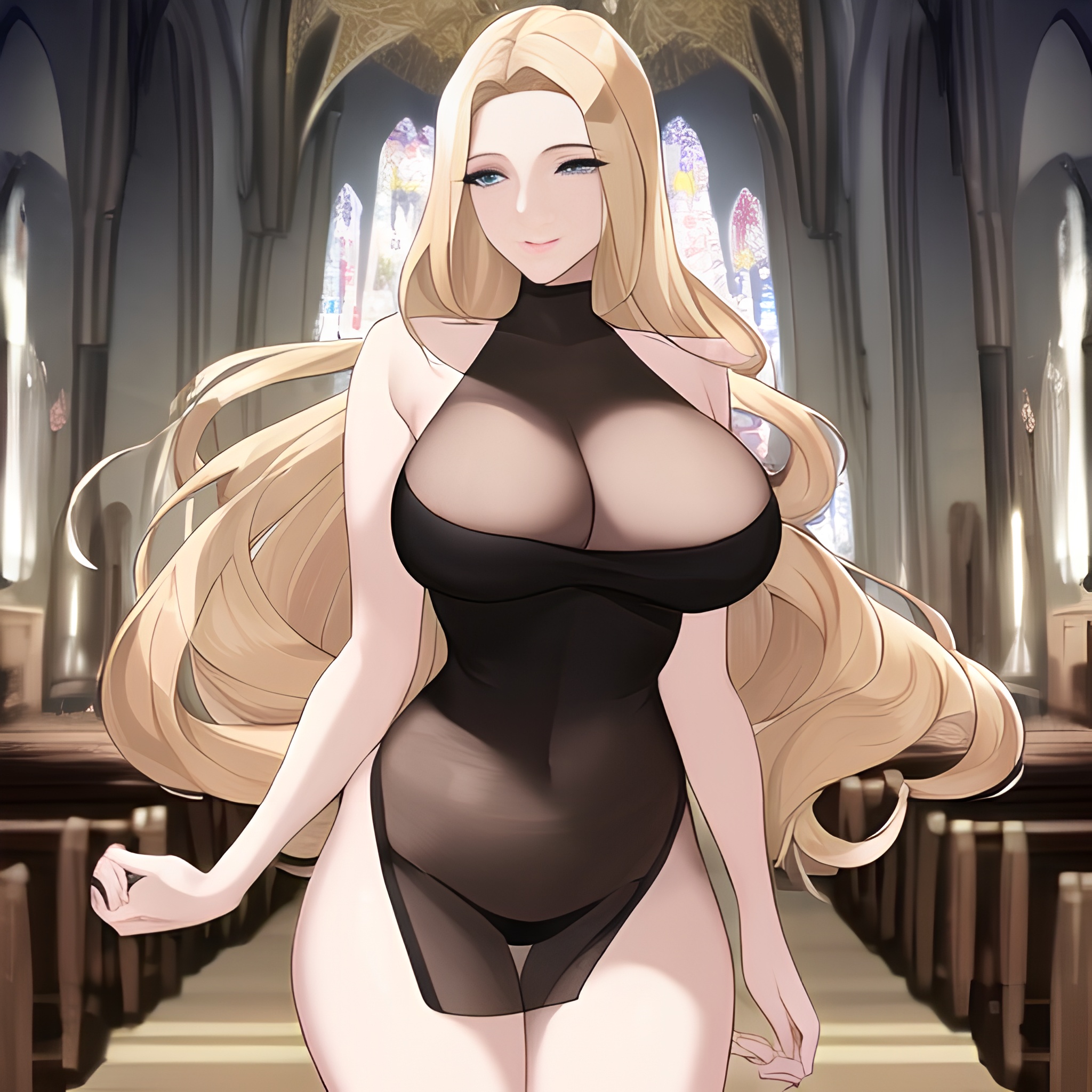 church nude woman long hair blonde front view small boobs fishnet 