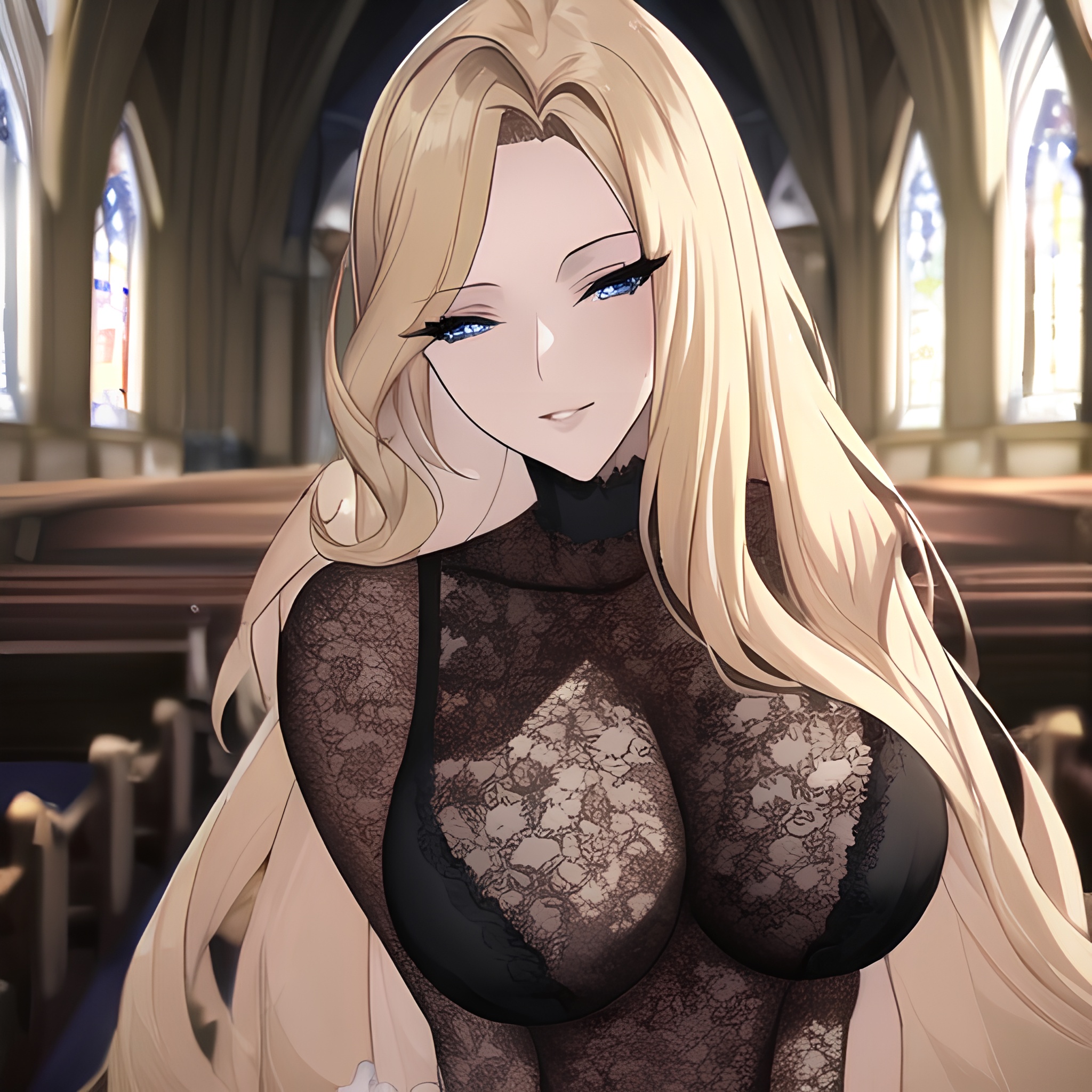 church small boobs blonde front view woman nude fishnet long hair 