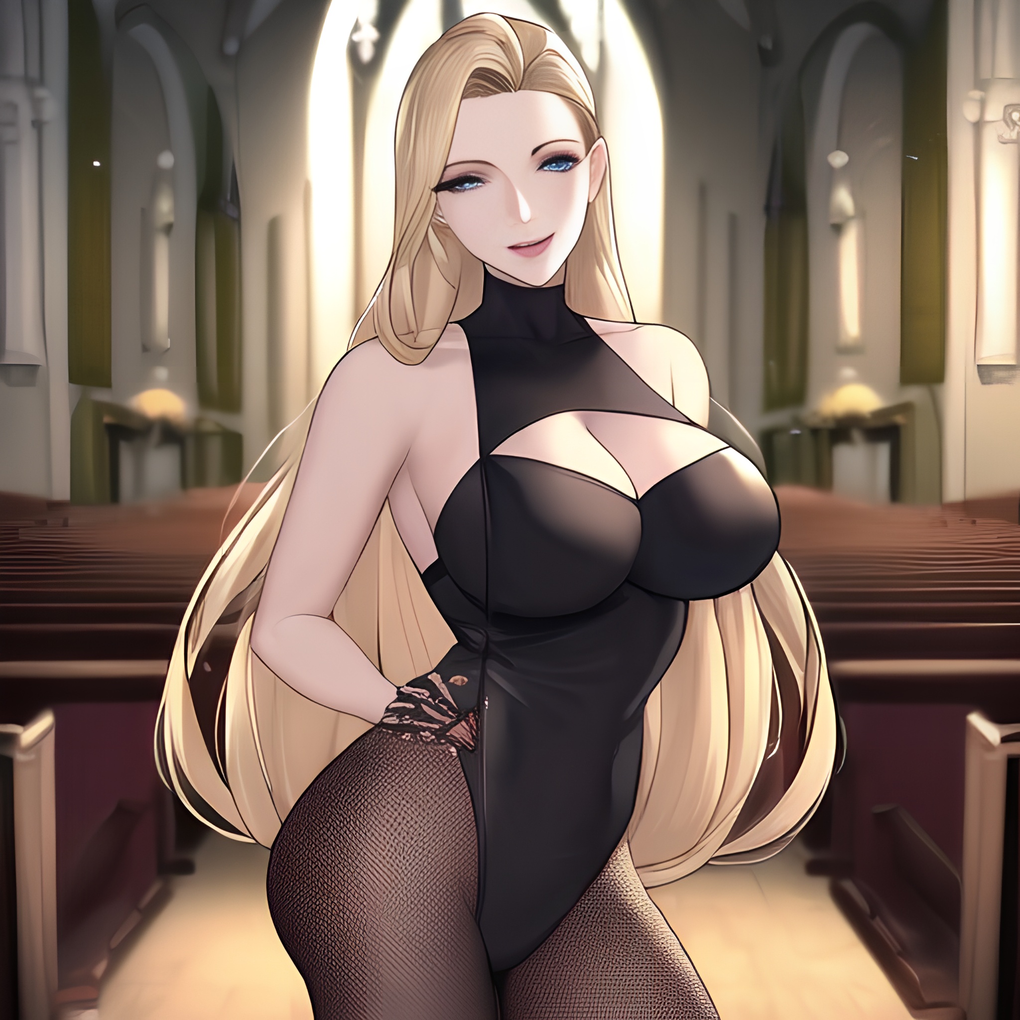 church small boobs long hair nude woman blonde front view fishnet 