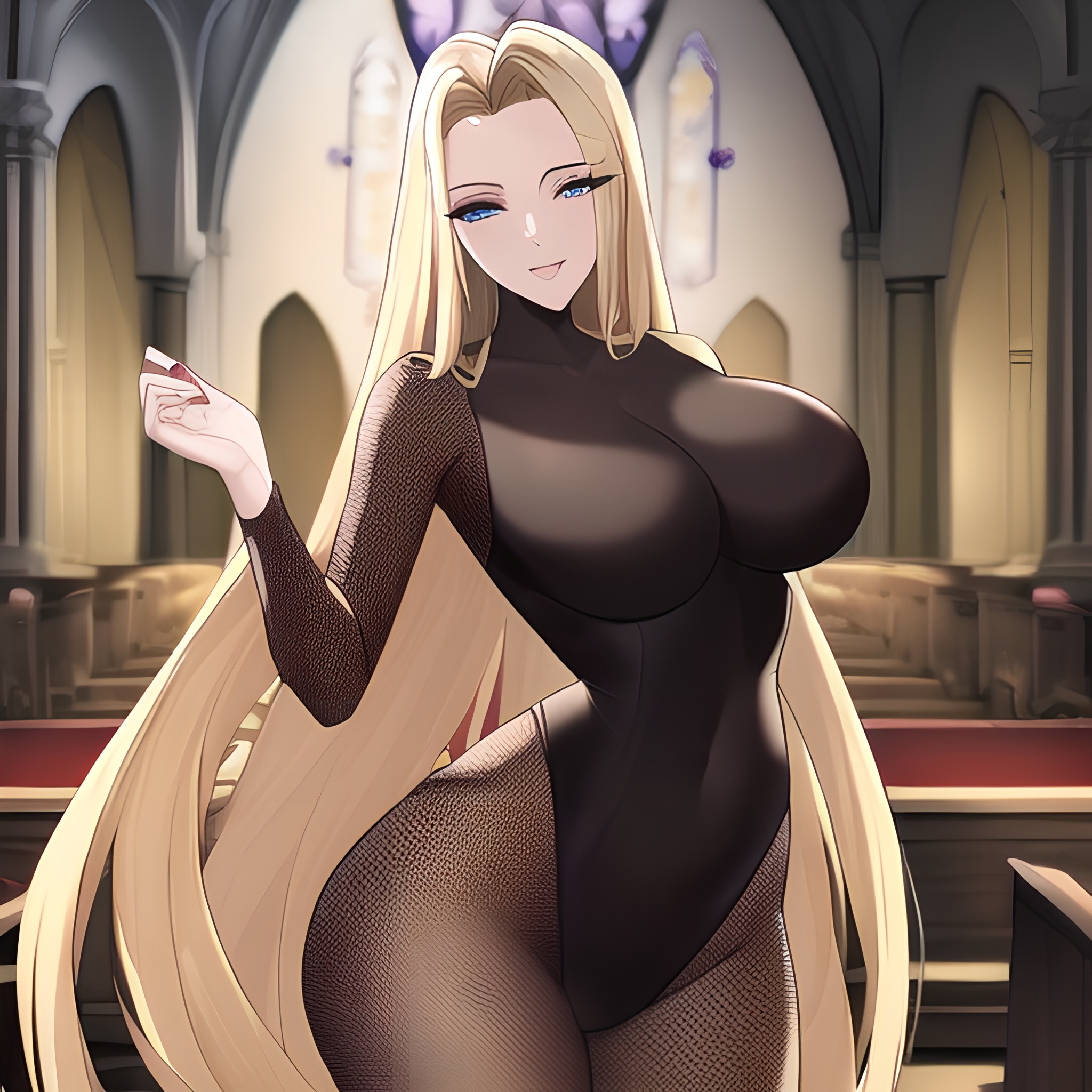 church small boobs nude fishnet woman front view blonde long hair 