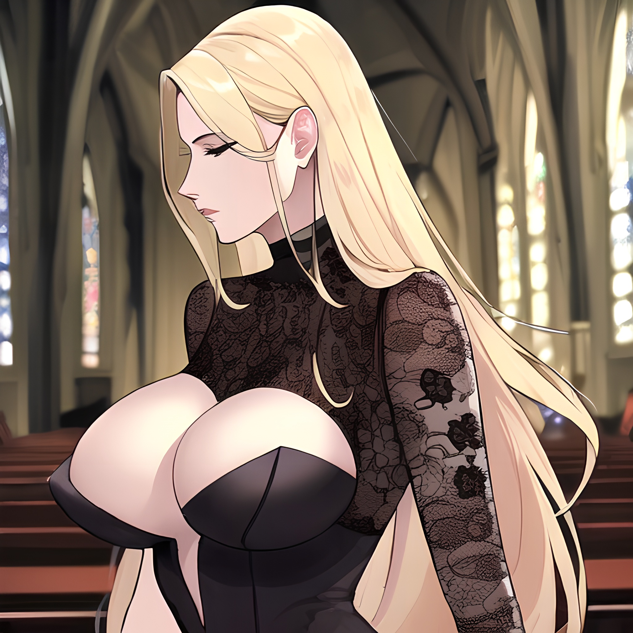 church small boobs woman front view long hair fishnet nude blonde 