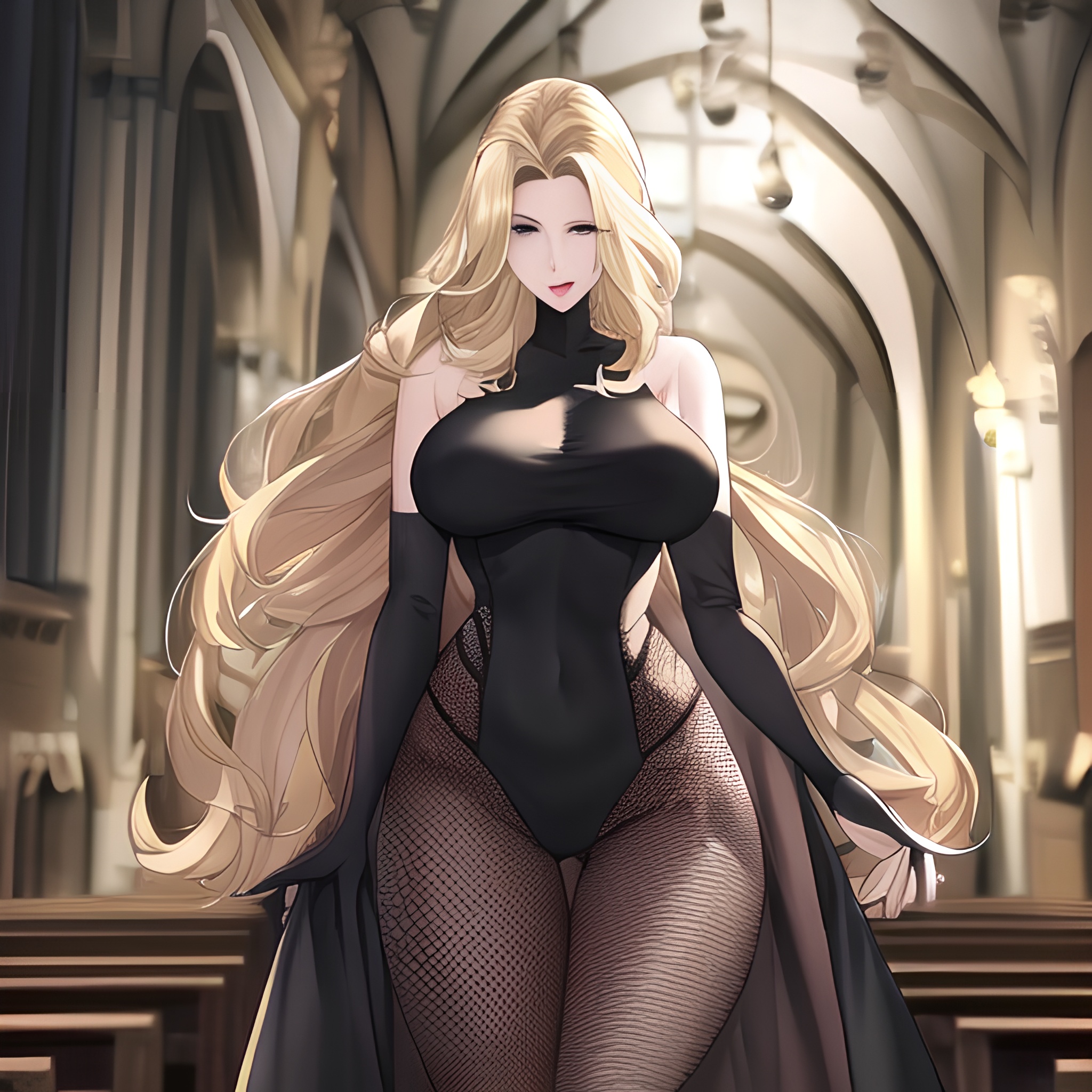 church small boobs woman long hair blonde fishnet nude front view 
