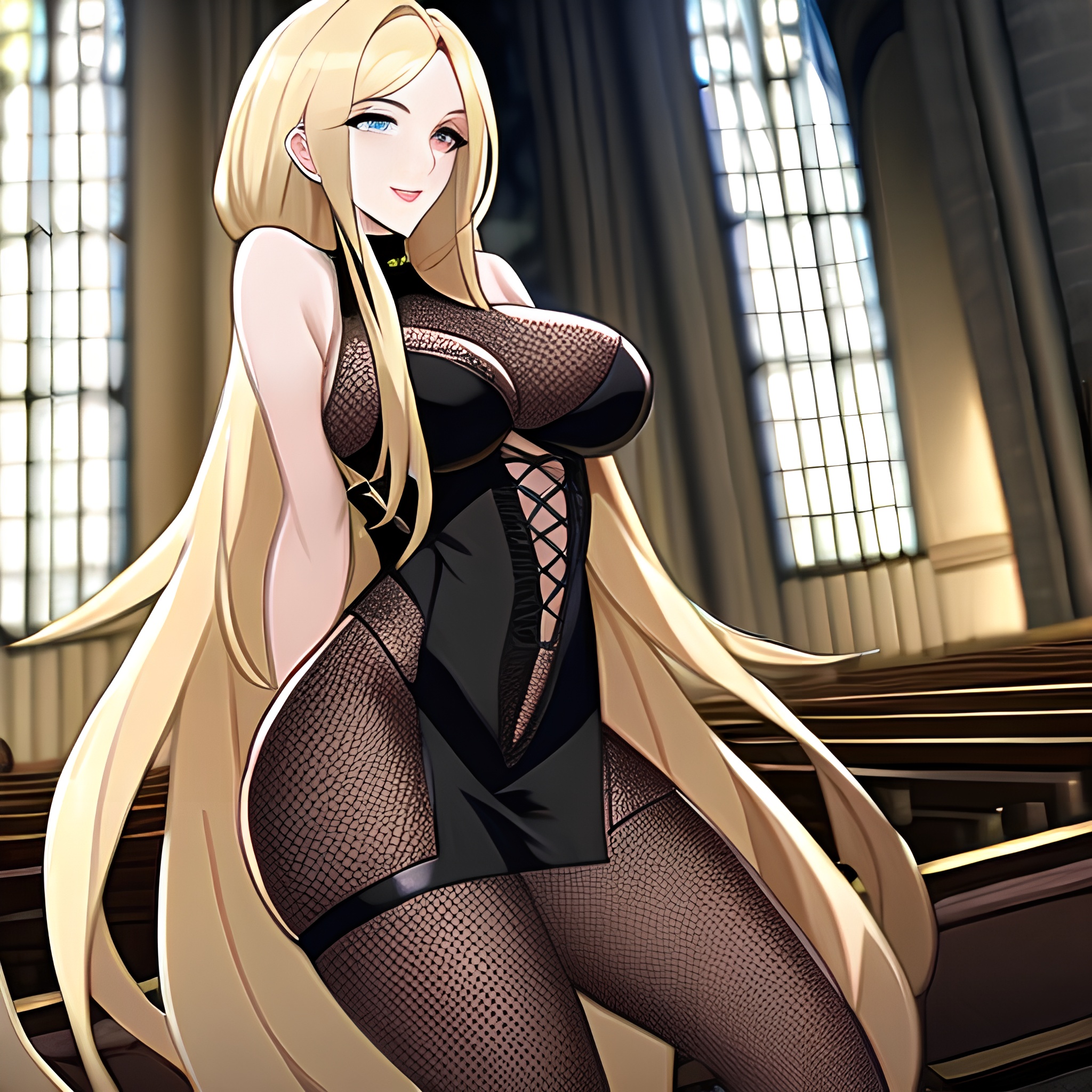 church woman blonde fishnet long hair 