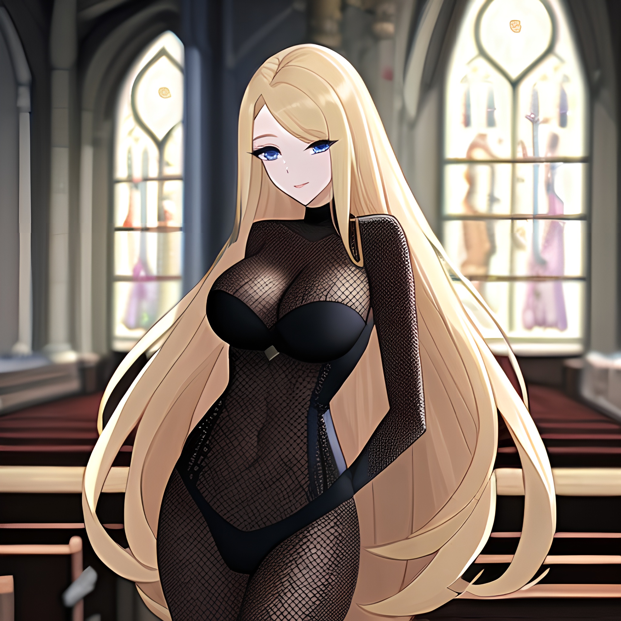 church woman blonde fishnet long hair 