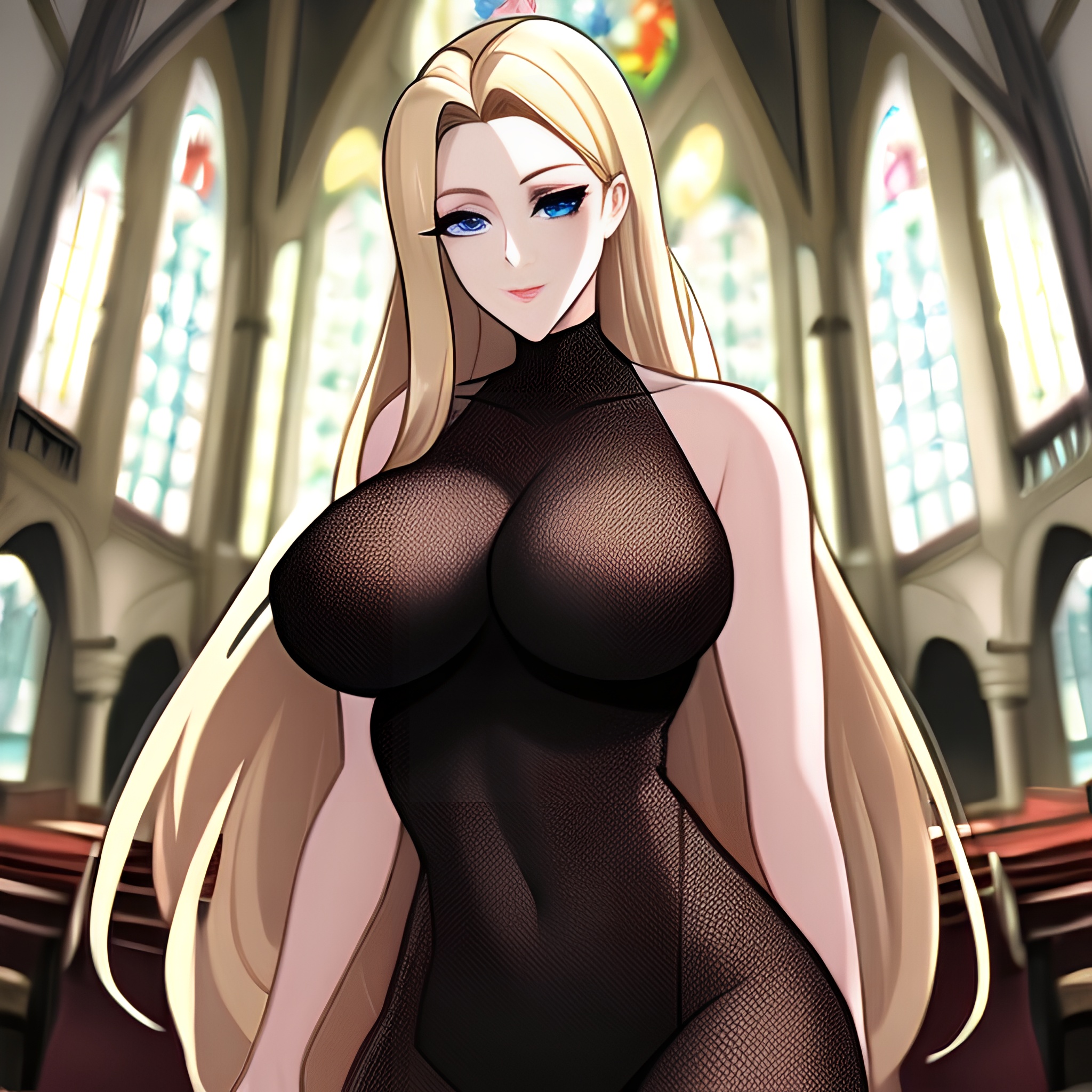 church woman blonde fishnet long hair 