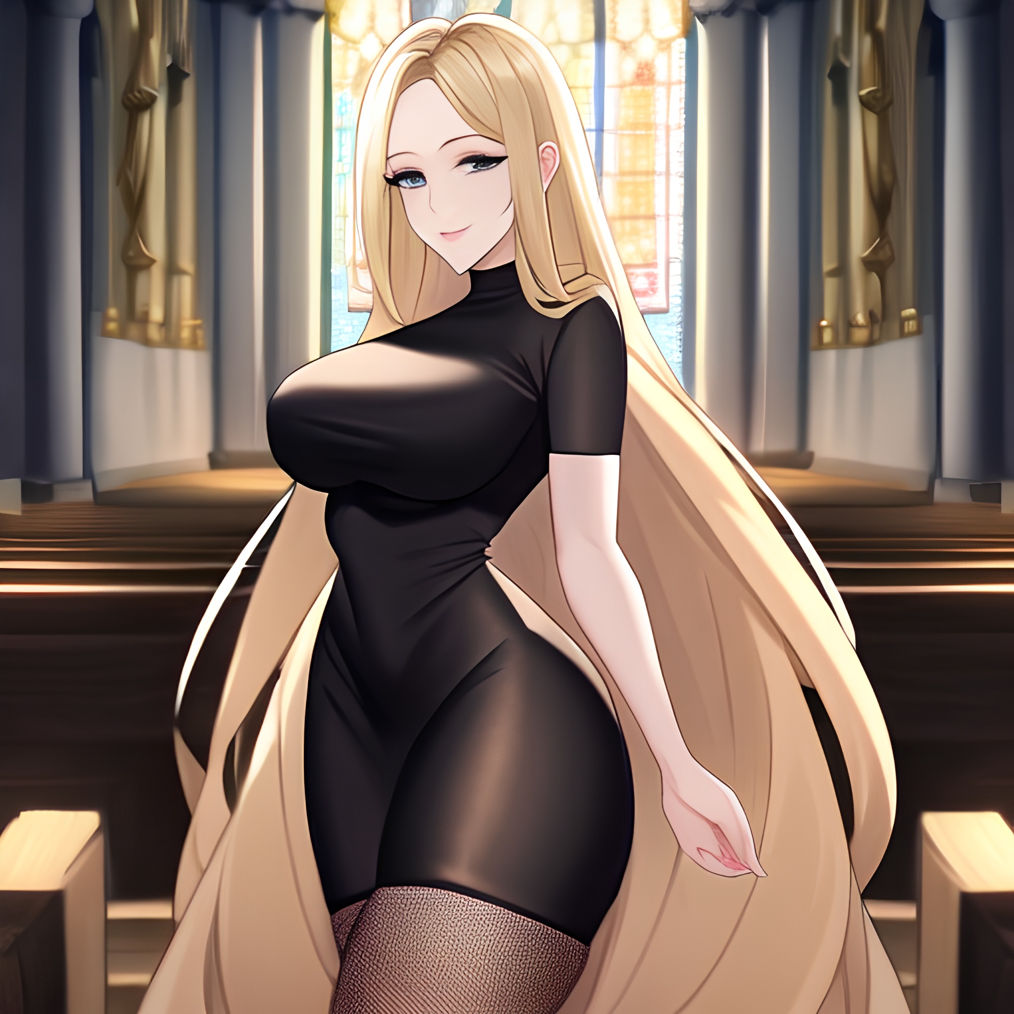 church woman blonde fishnet long hair