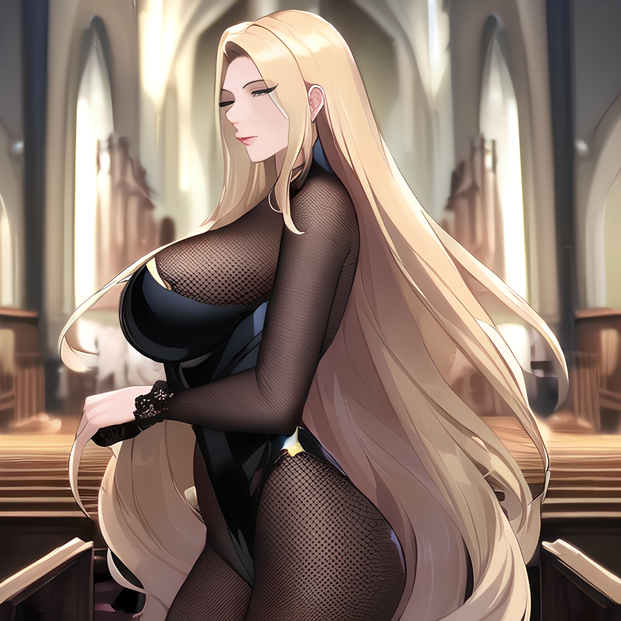 church woman blonde fishnet nude small boobs long hair front view 