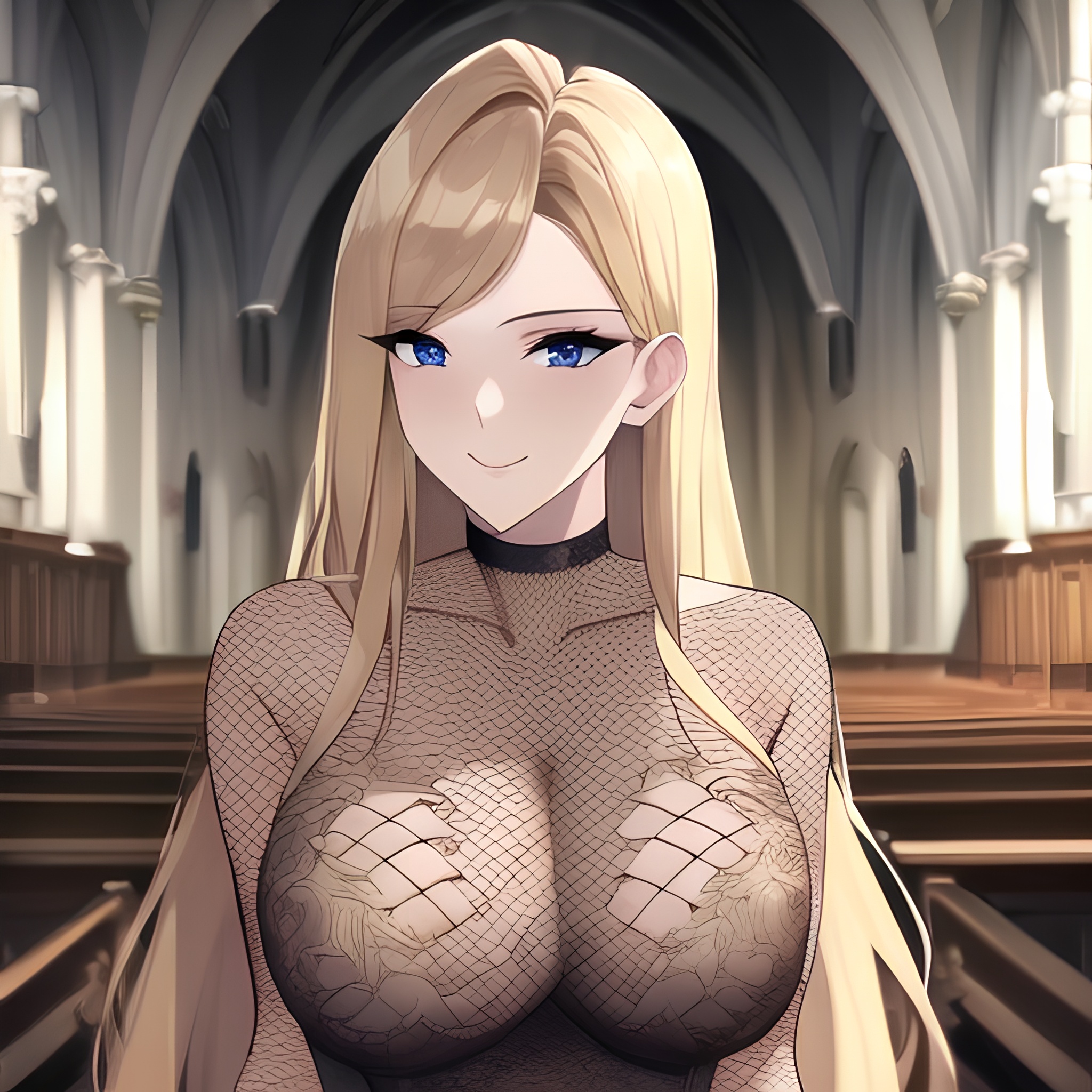 church woman blonde front view small boobs long hair nude fishnet 