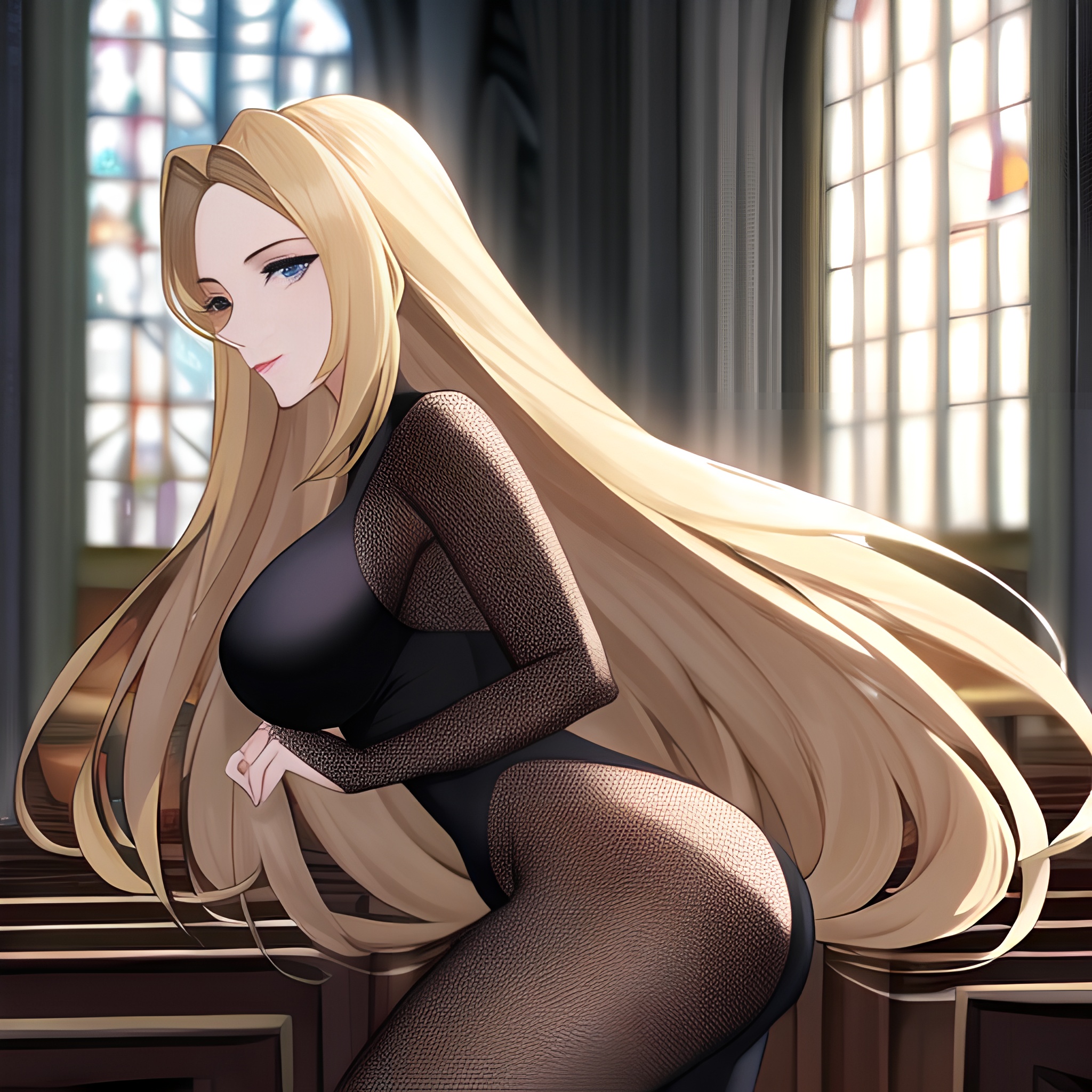church woman blonde long hair fishnet