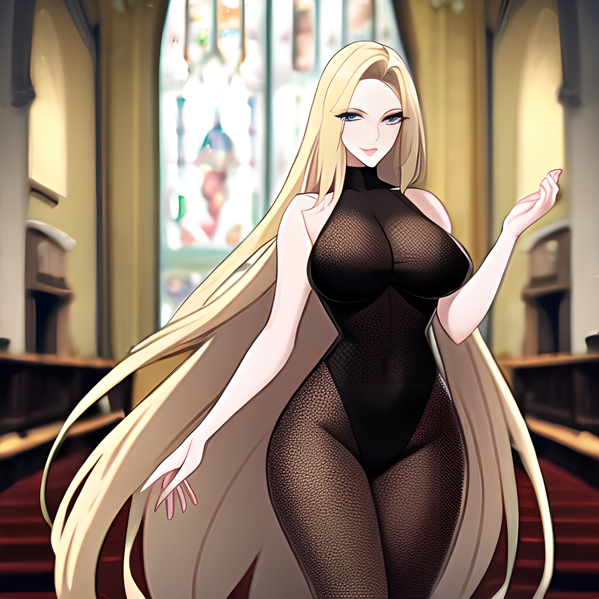 church woman blonde long hair fishnet
