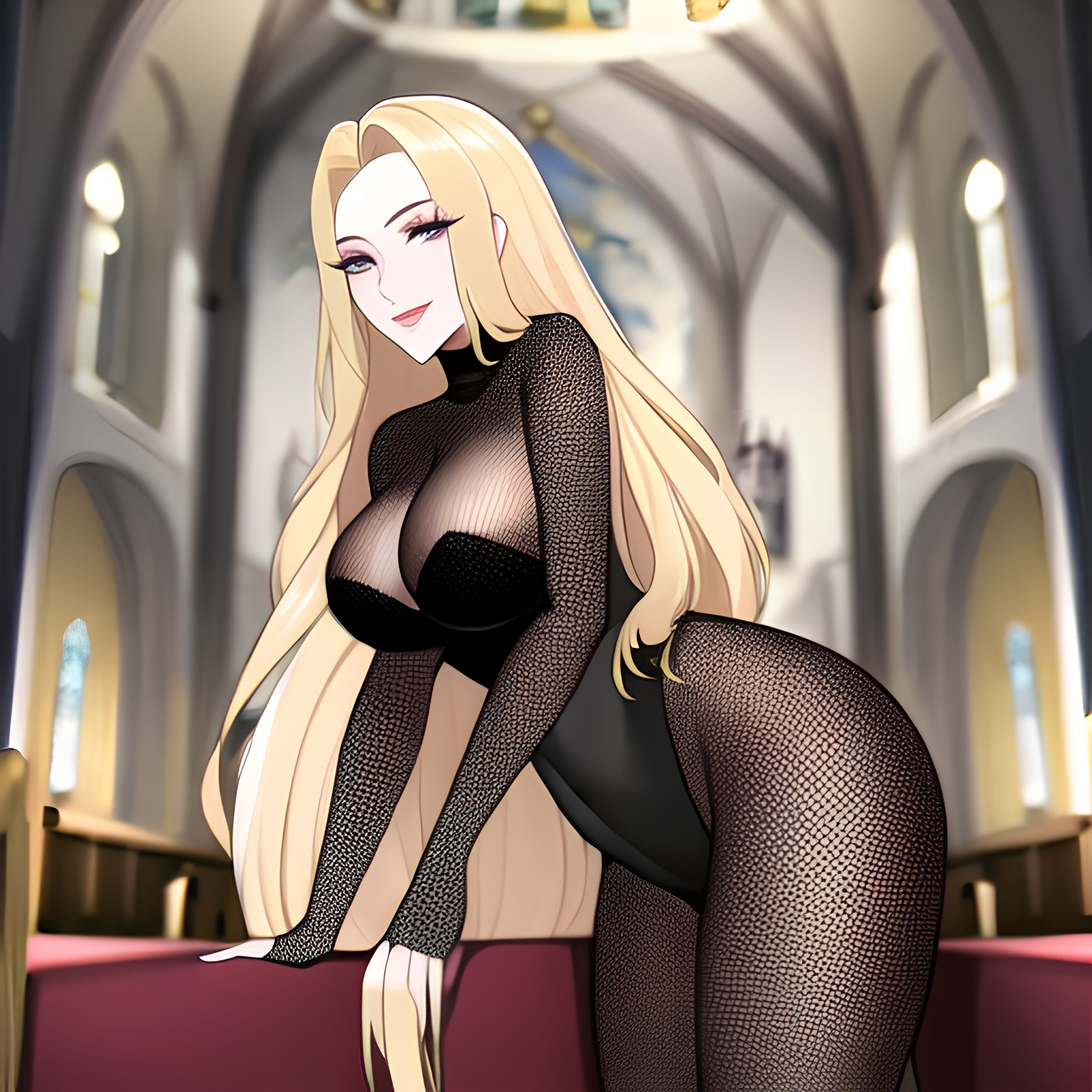 church woman blonde long hair fishnet 