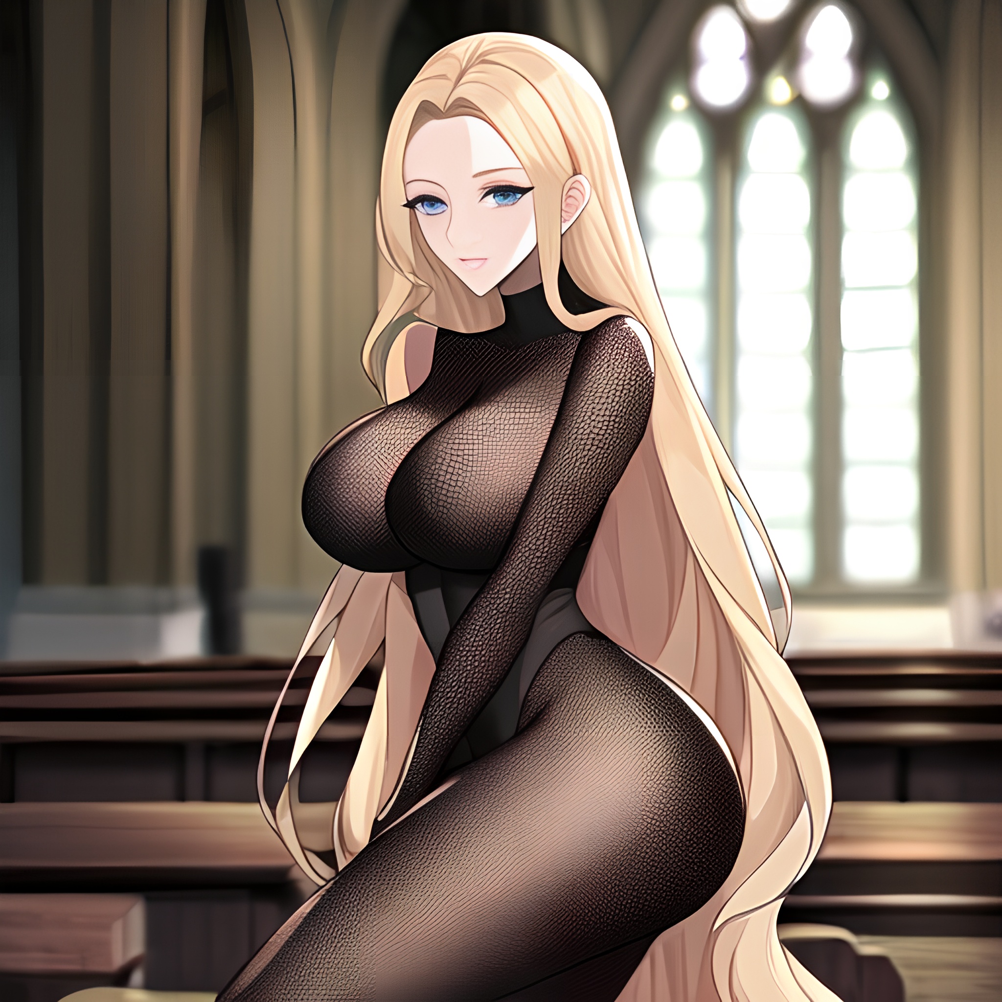 church woman blonde long hair fishnet 