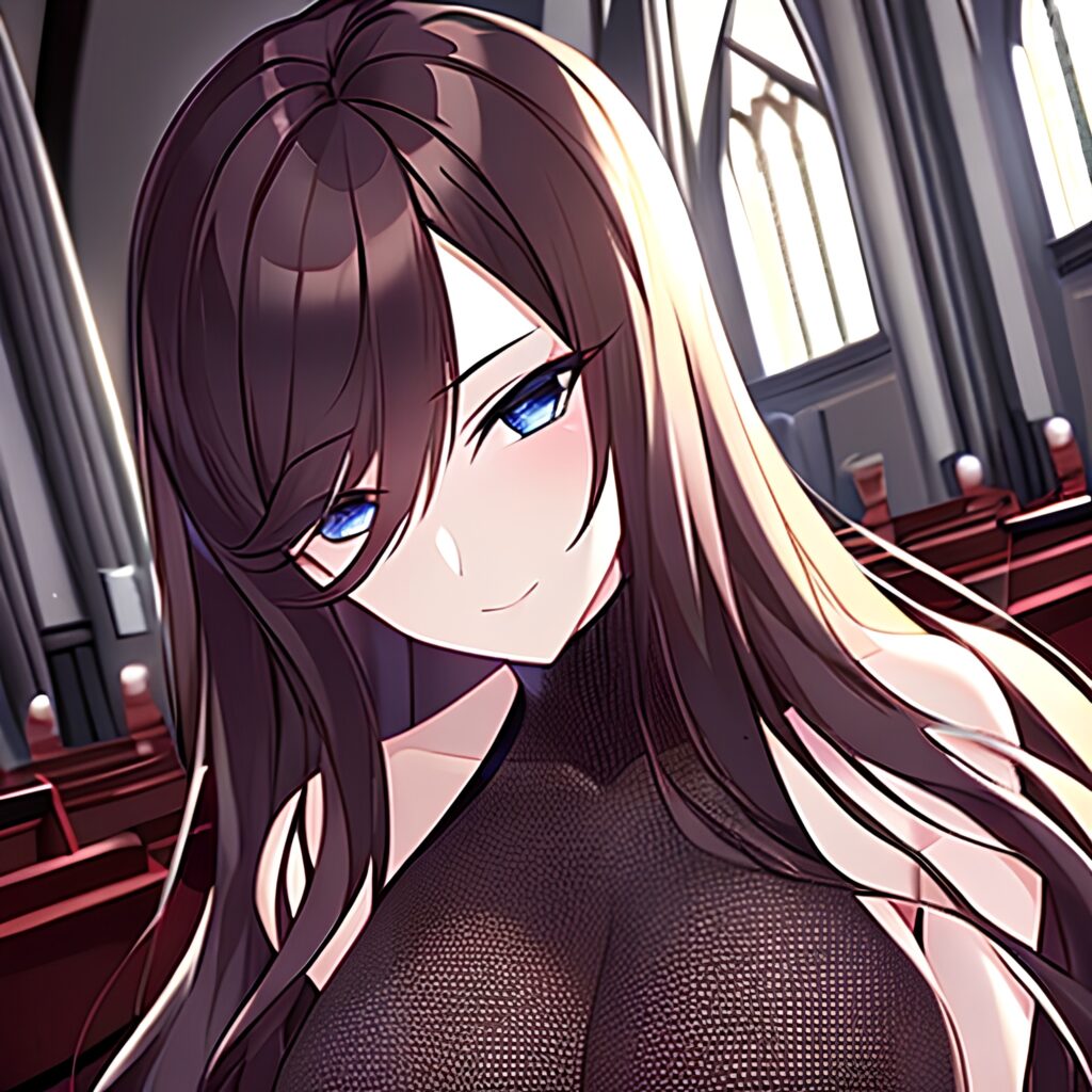 church woman brunette fishnet long hair messy hair 