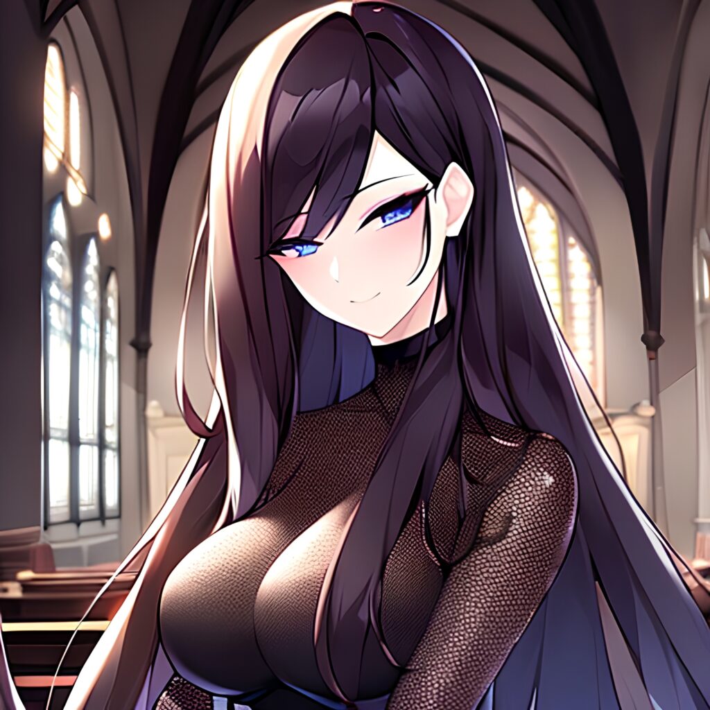 church woman brunette fishnet long hair messy hair