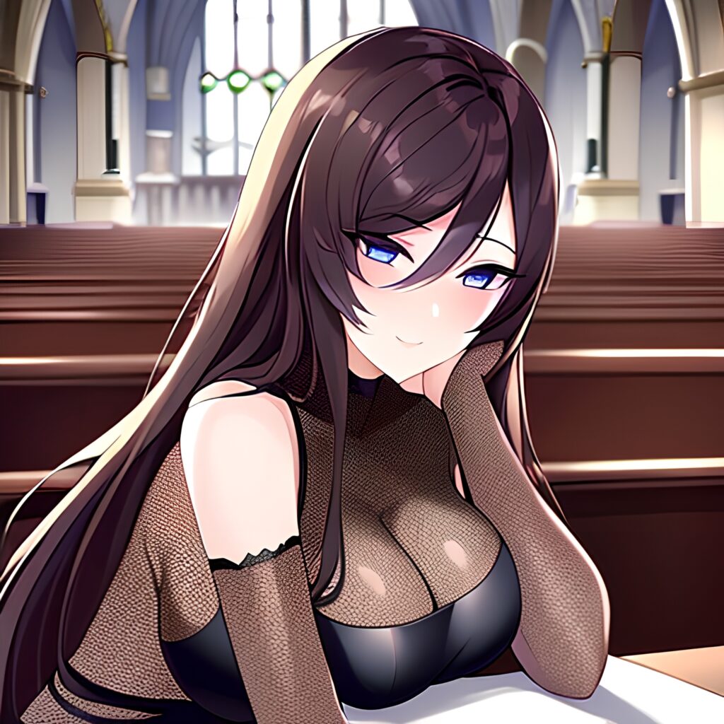 church woman brunette fishnet long hair messy hair 